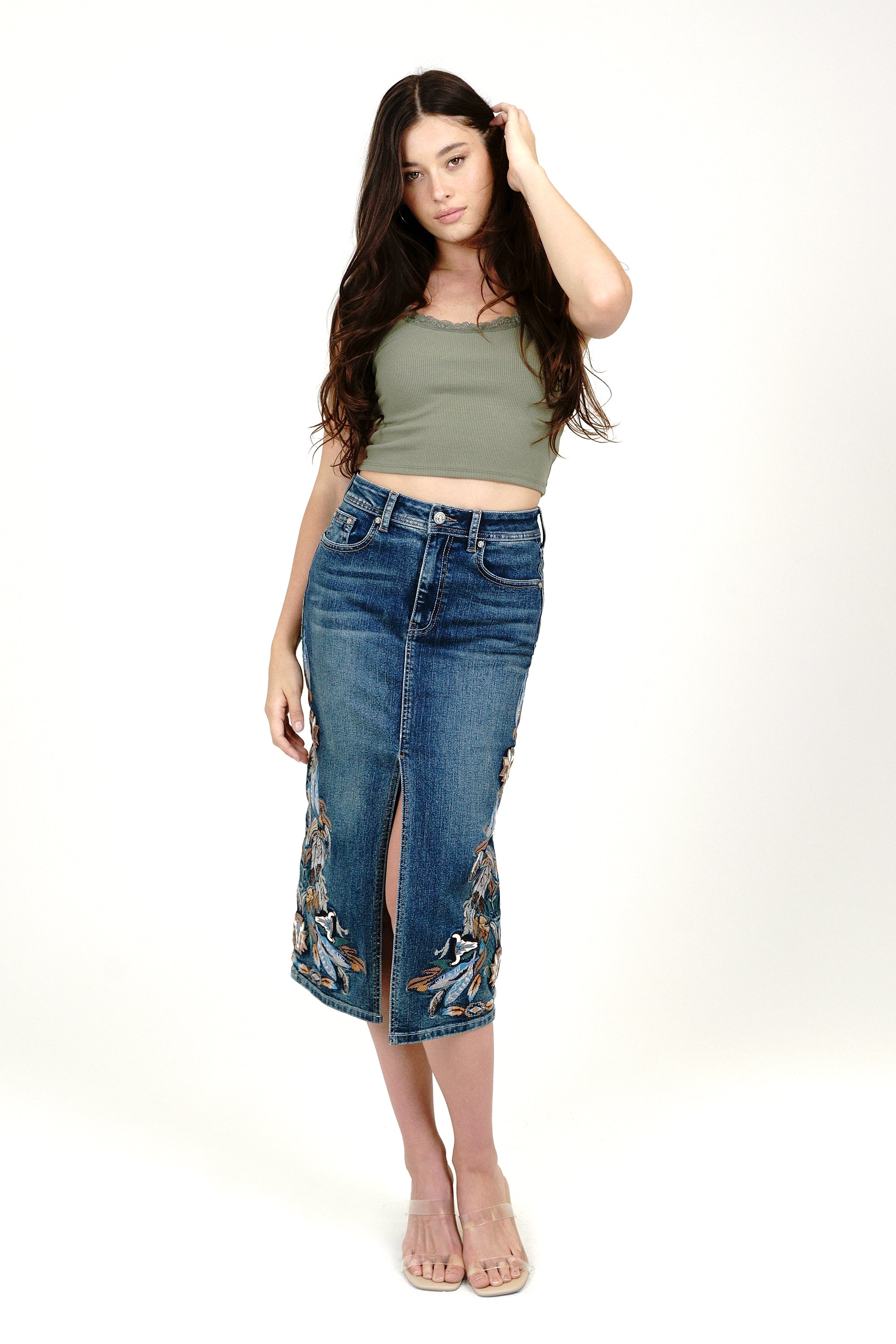 Feather Colorful Embroidery Denim Skirt