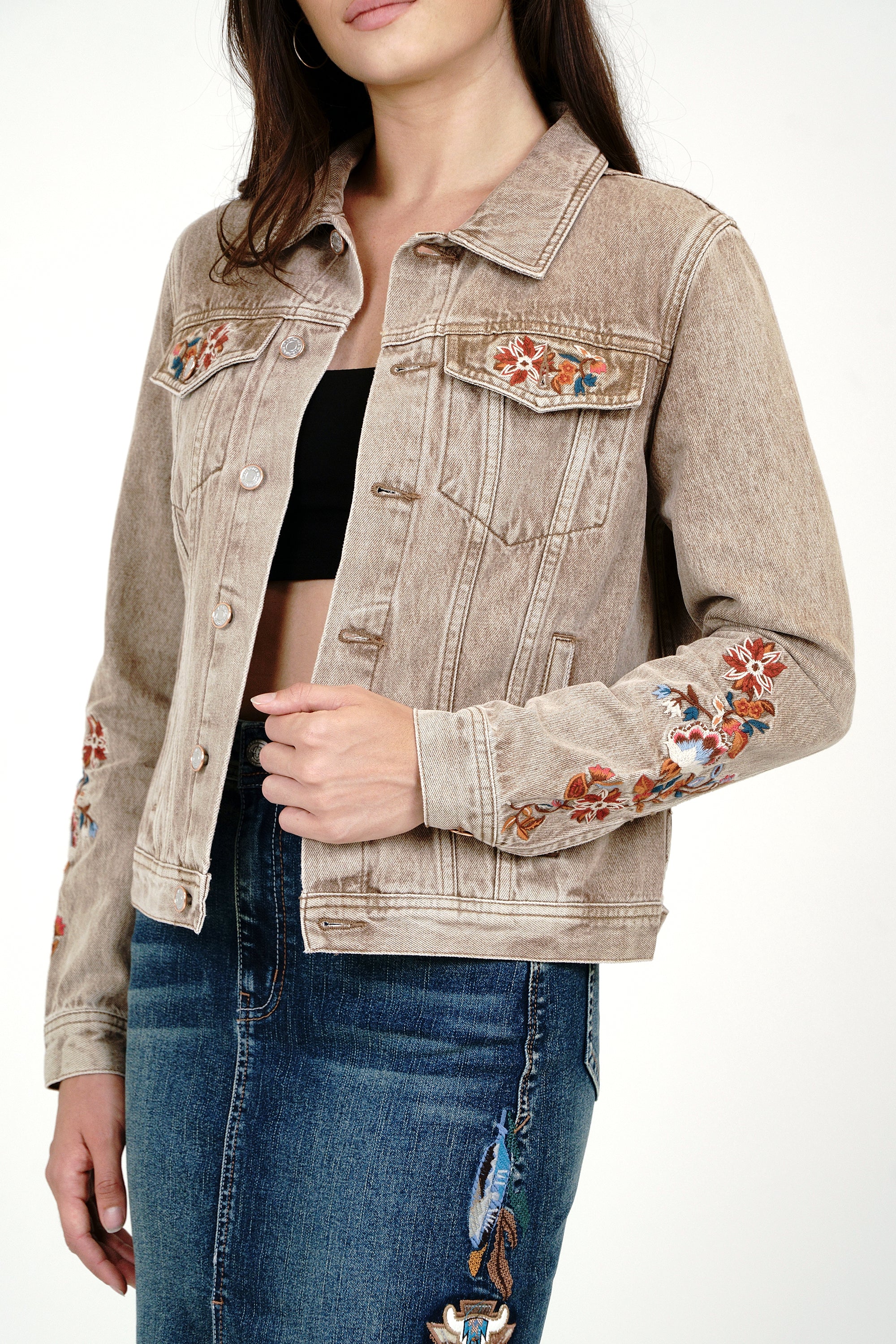 Floral Embroidery Camel Color Denim Jacket