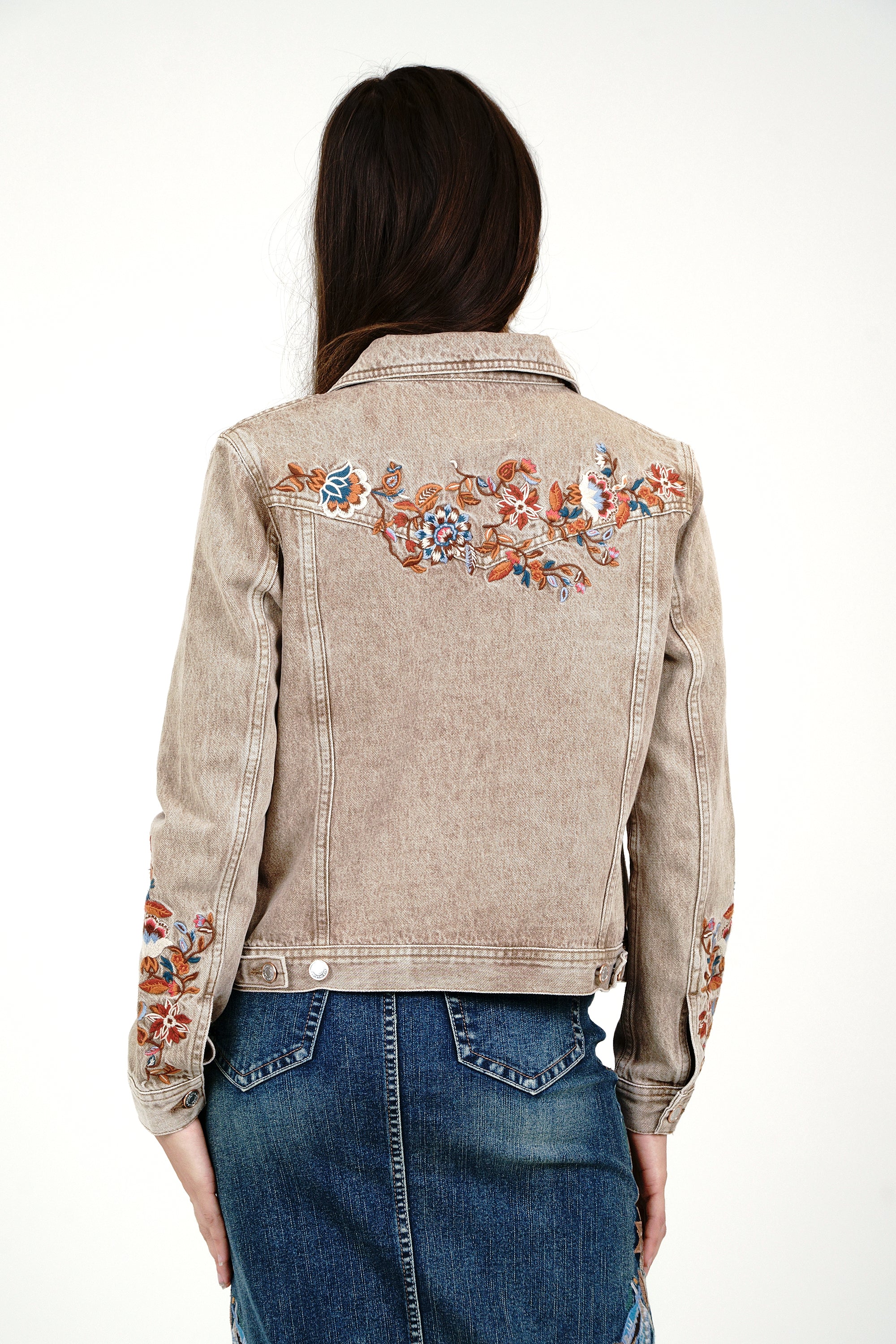 Floral Embroidery Camel Color Denim Jacket