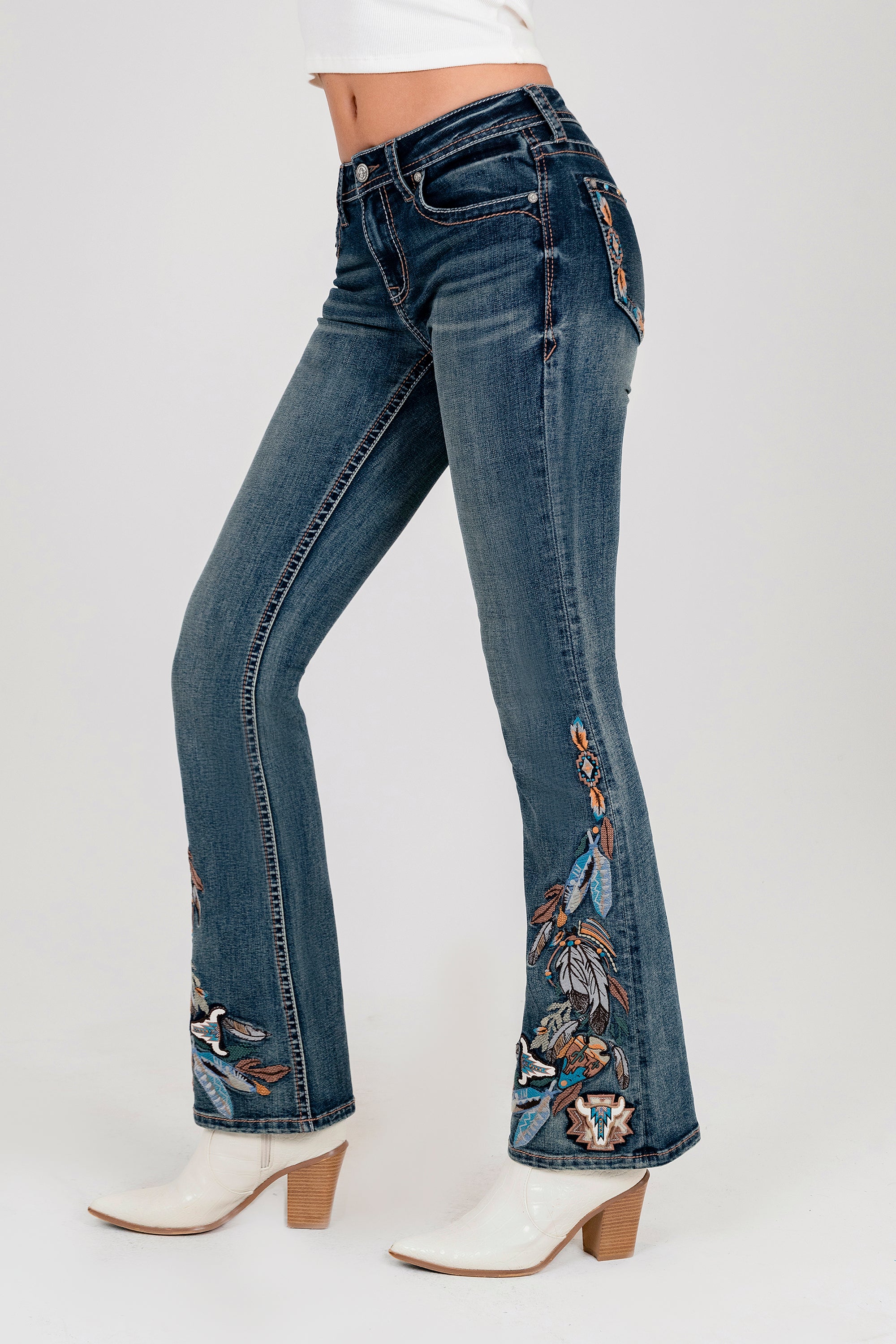 Feather Embroidery Mid-Rise Flare Jeans