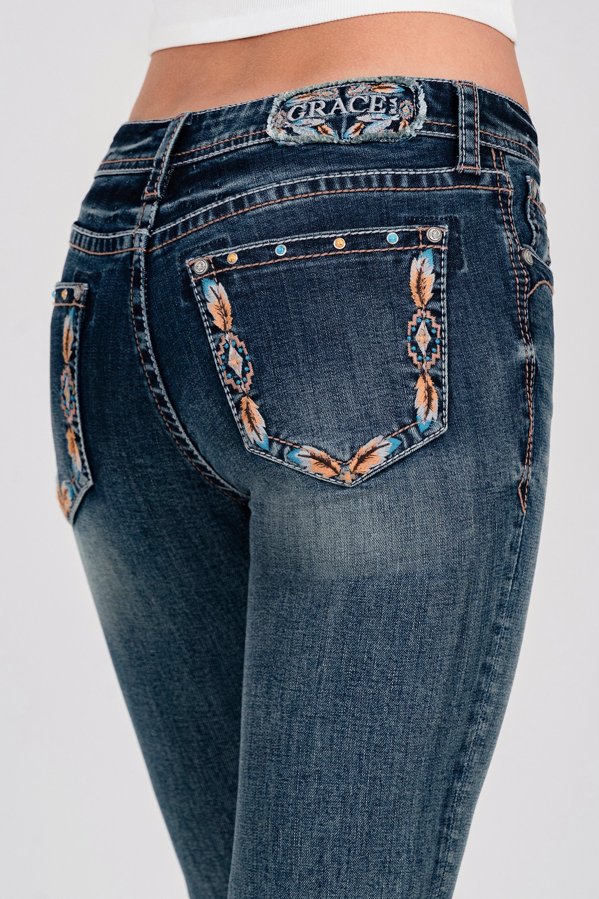 Feather Embroidered Mid-Rise Flare Jeans