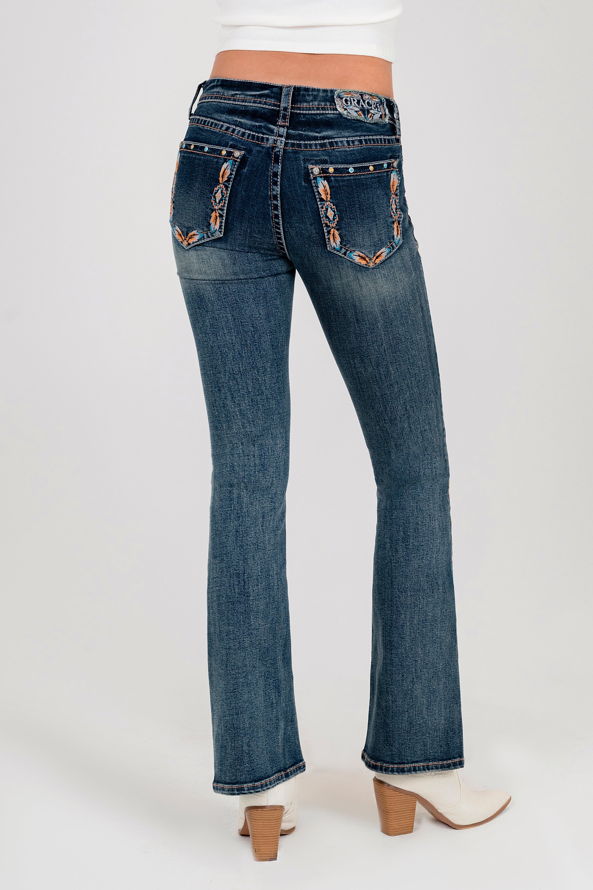 Feather Embroidery Mid-Rise Flare Jeans