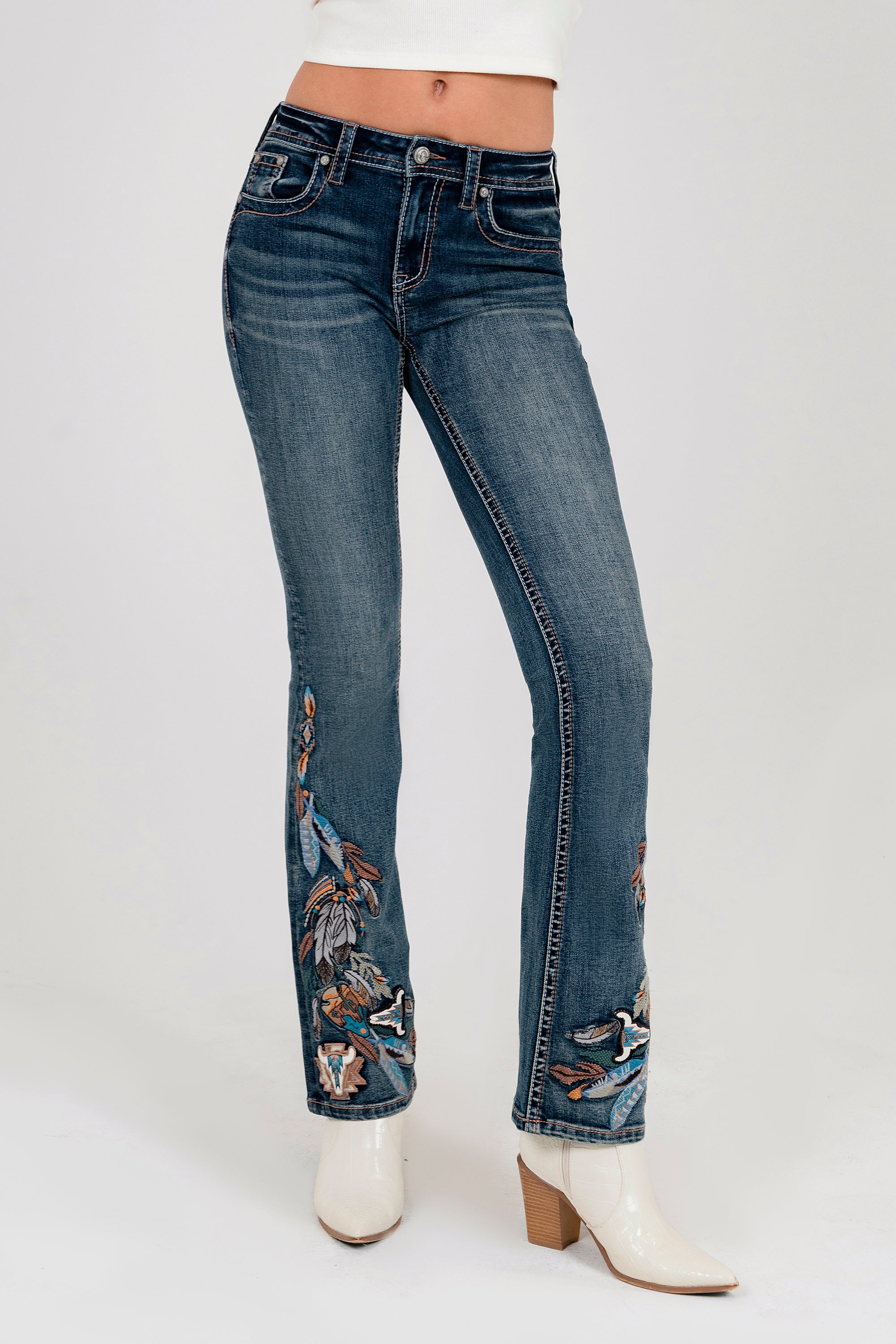 Feather Embroidery Mid-Rise Flare Jeans