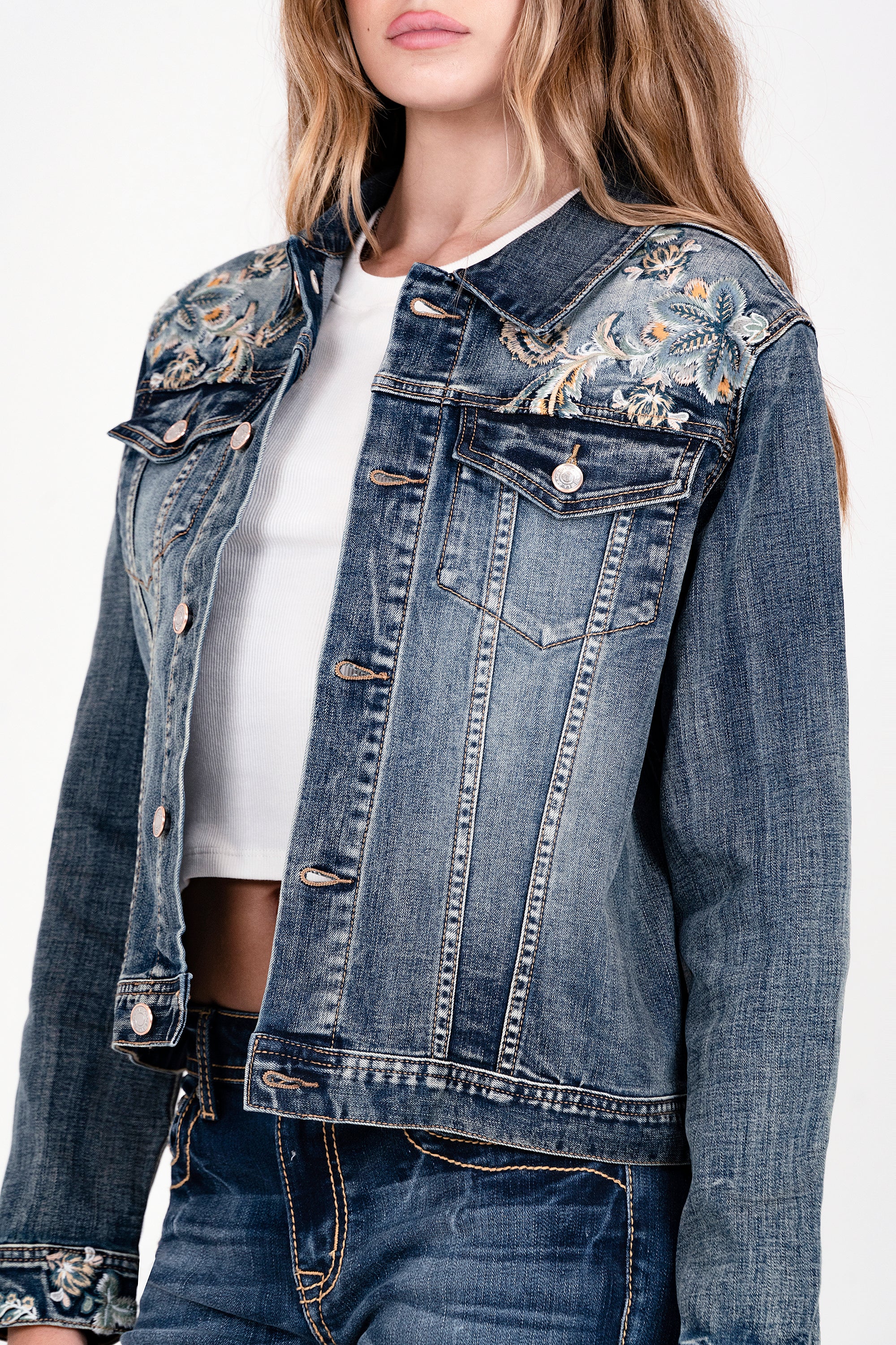 Floral Embroidery Med Blue Denim Jacket