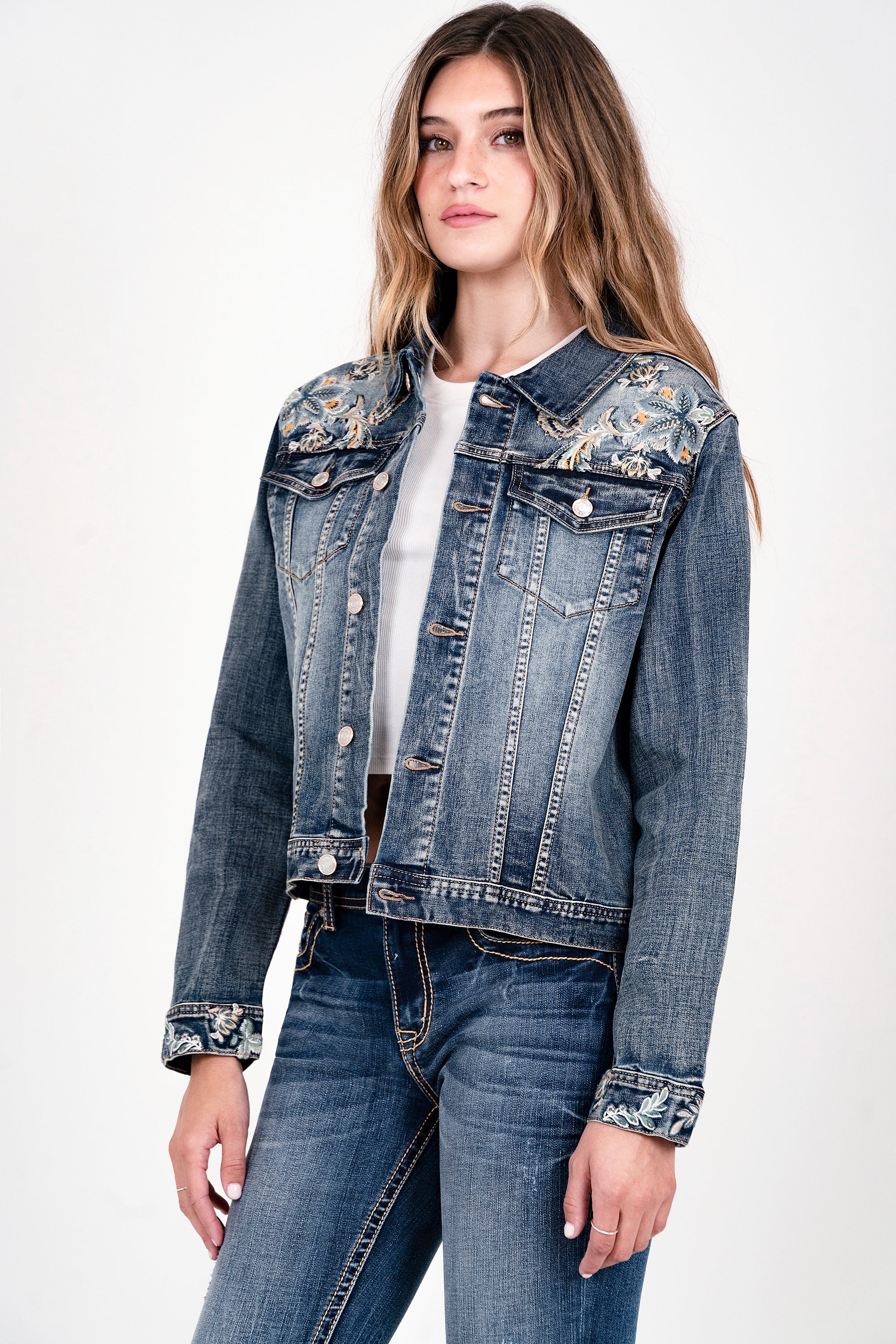 Floral Embroidery Med Blue Denim Jacket