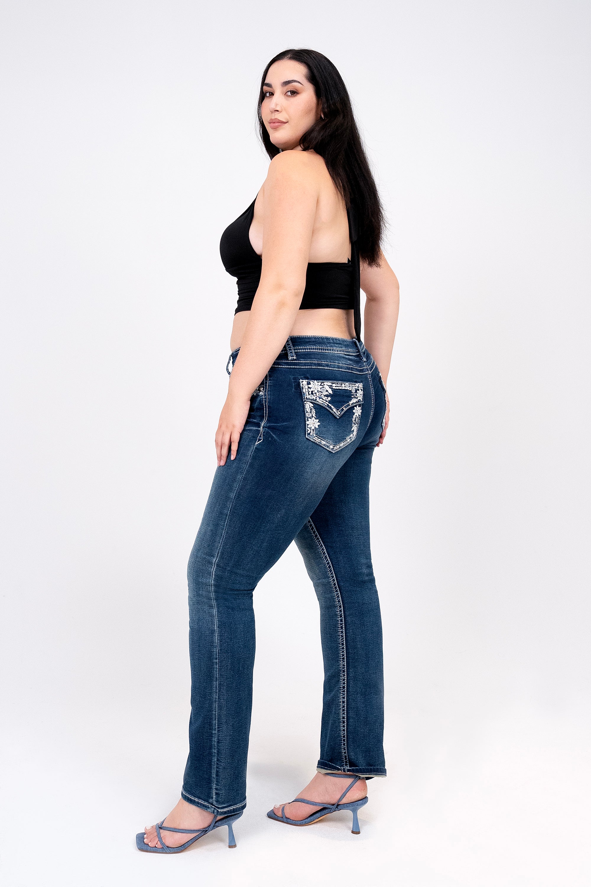 Floral Modify Faux Flap Soft Denim Plus Size Bootcut Jeans