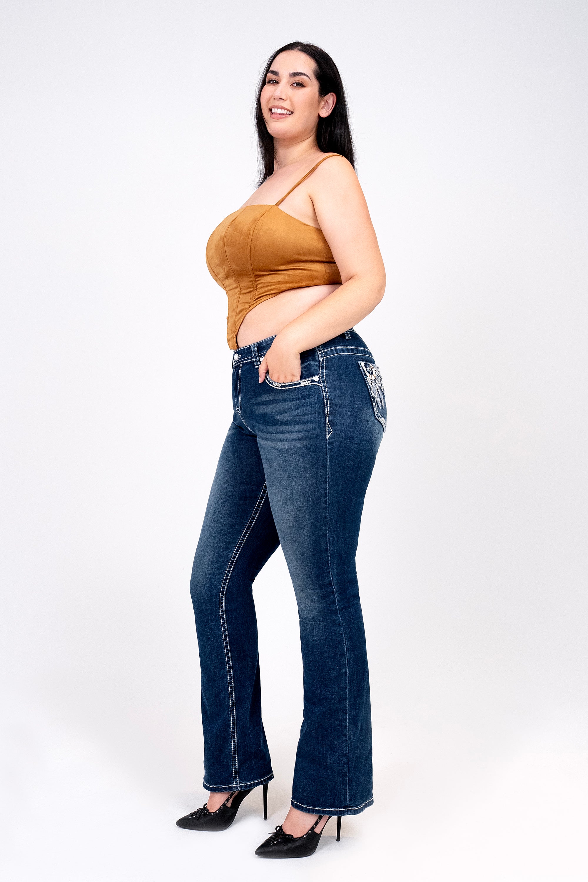 Feather Embroidered Plus Size Bootcut Jeans