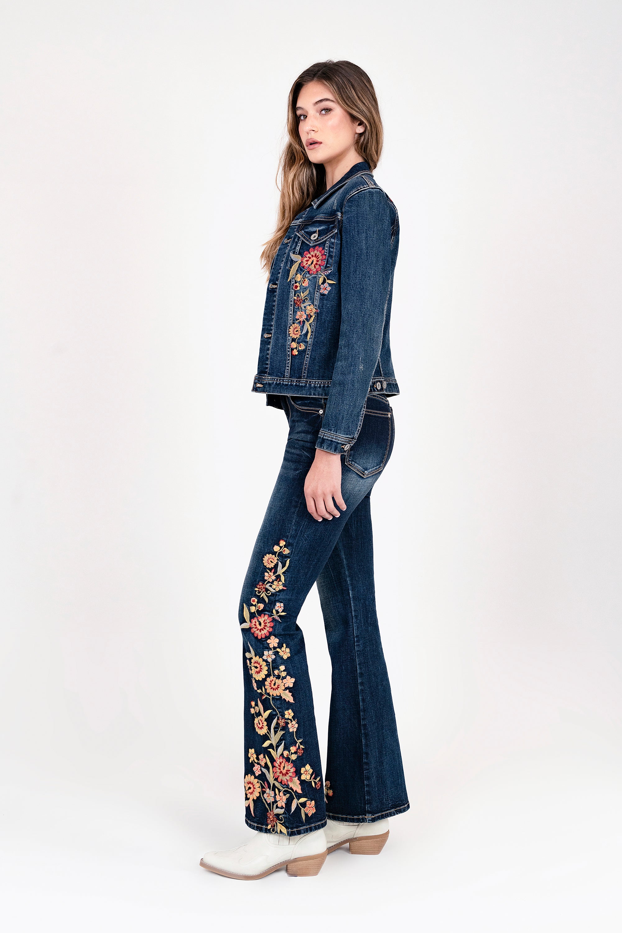 Floral Embroidered Blue Women's Denim Jacket