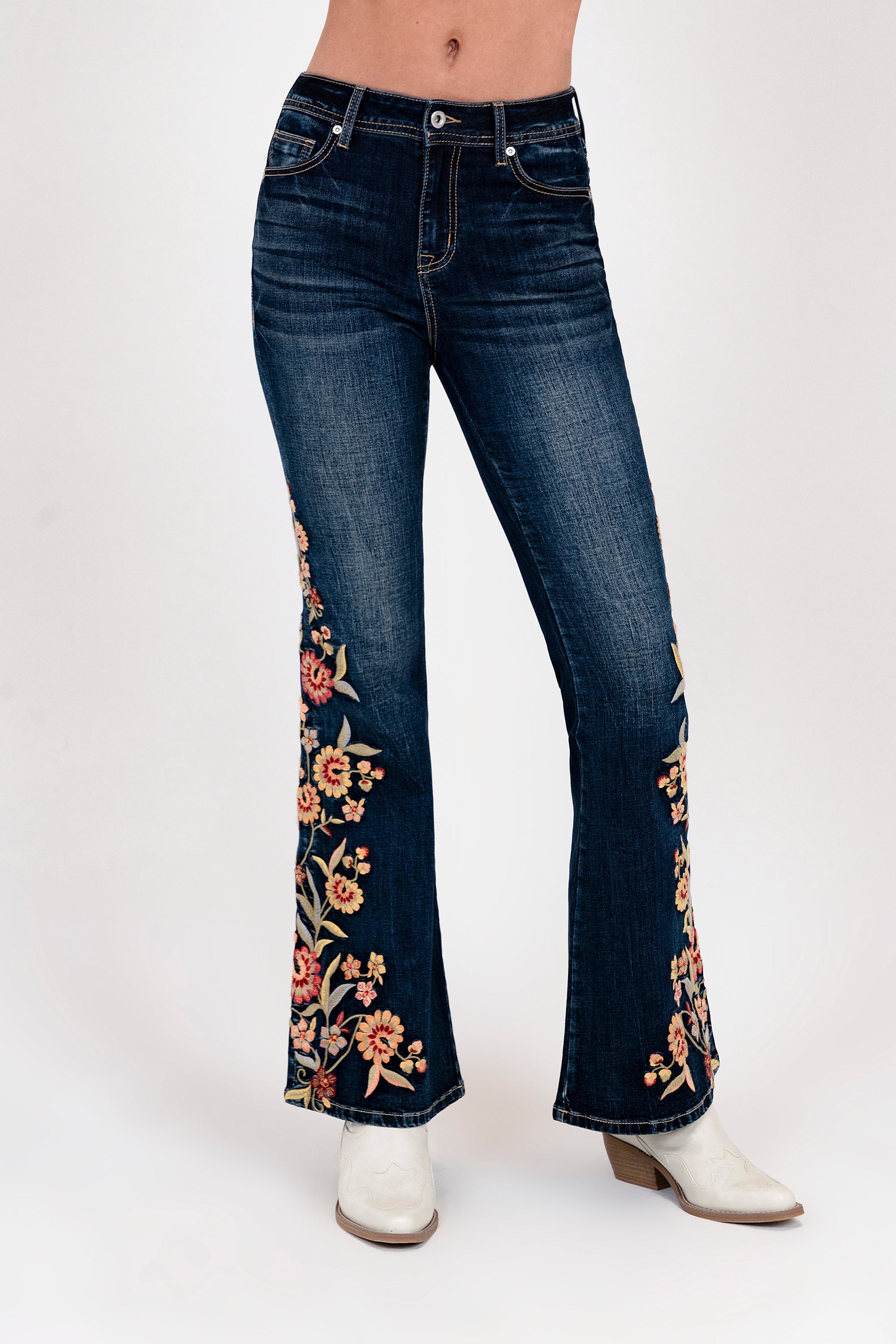 Floral Embroidery Detail High waist Flare