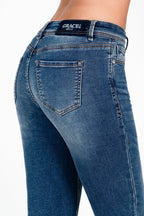 Medium Wash Soft Denim Mid Rise Flared Jeans Grace in LA