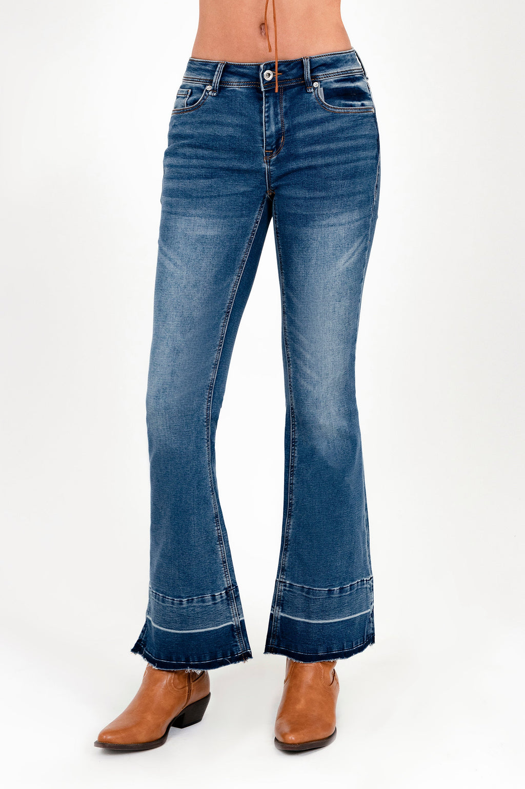 Medium Wash Soft Denim Mid Rise Flared Jeans Grace in LA