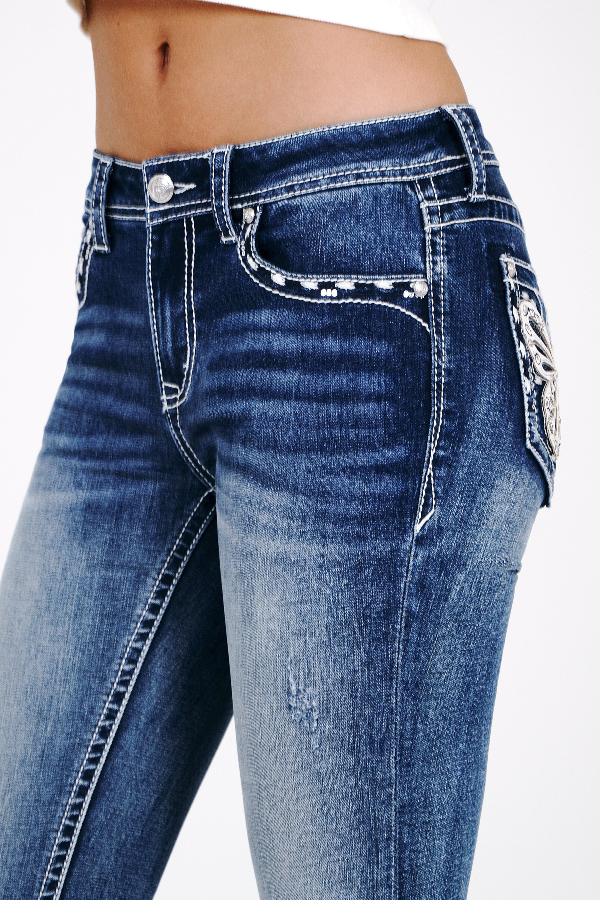 Butterfly Embroidery Mid Rise  Bootcut Jeans