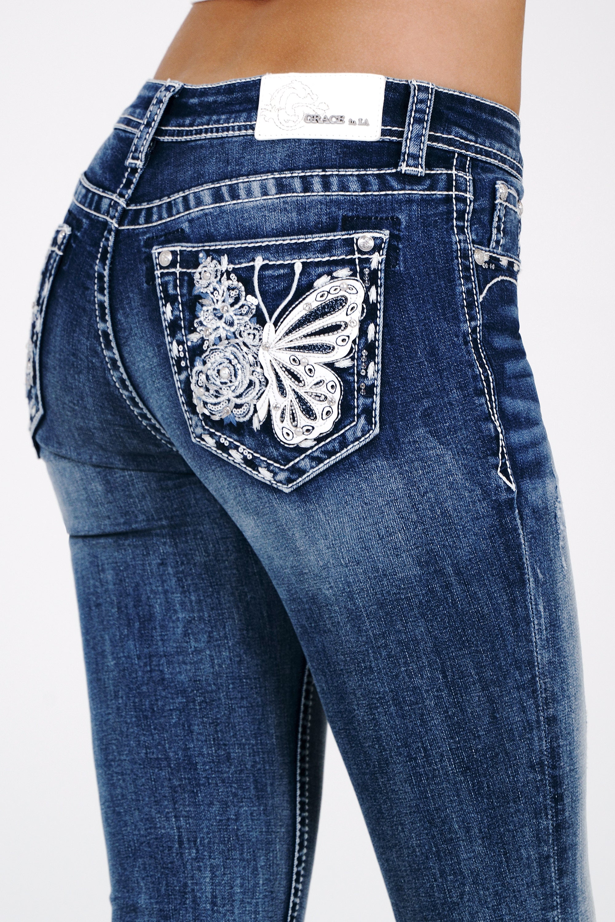 Butterfly Embroidery Mid Rise  Bootcut Jeans