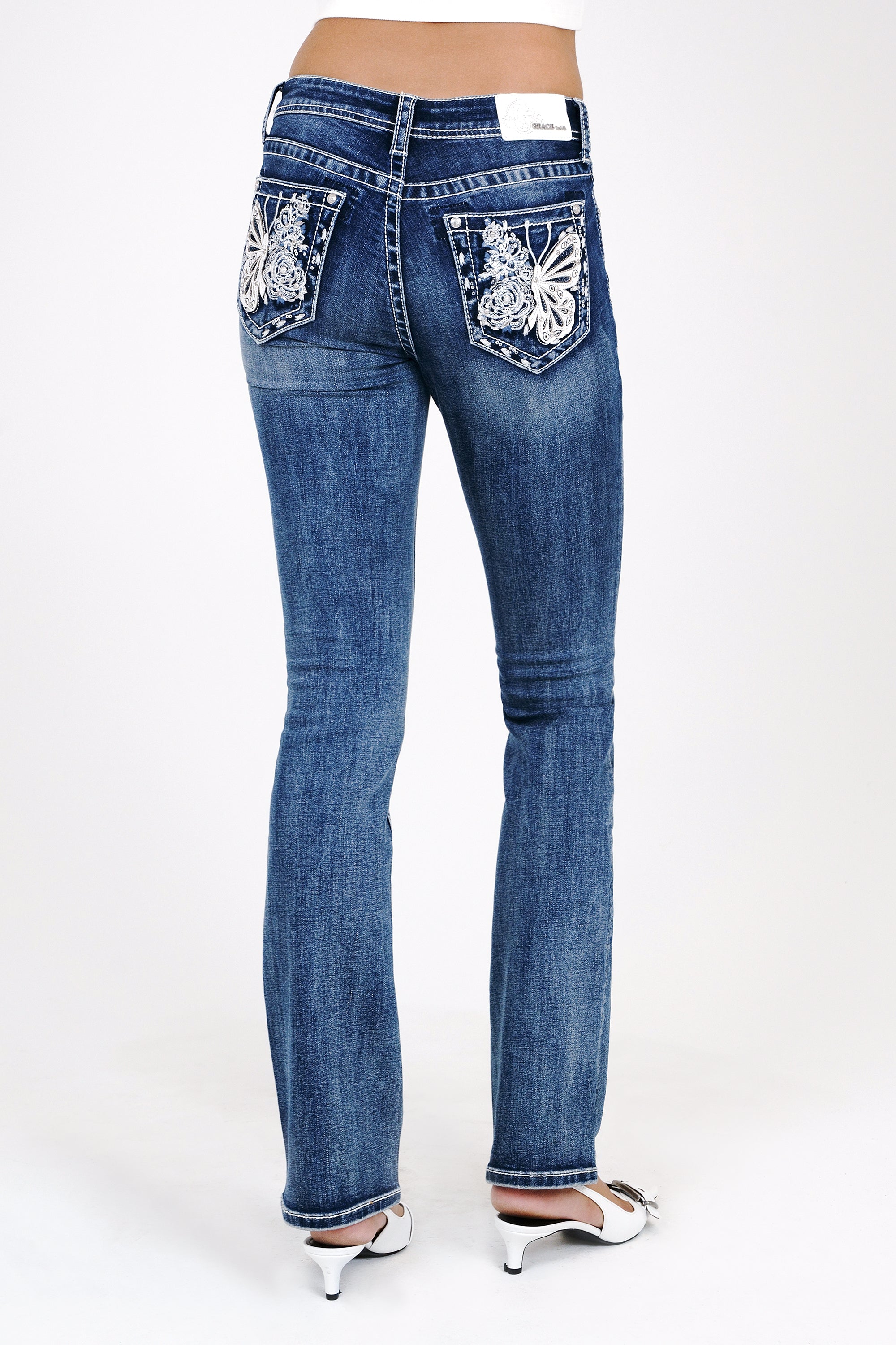 Butterfly Embroidery Mid Rise  Bootcut Jeans