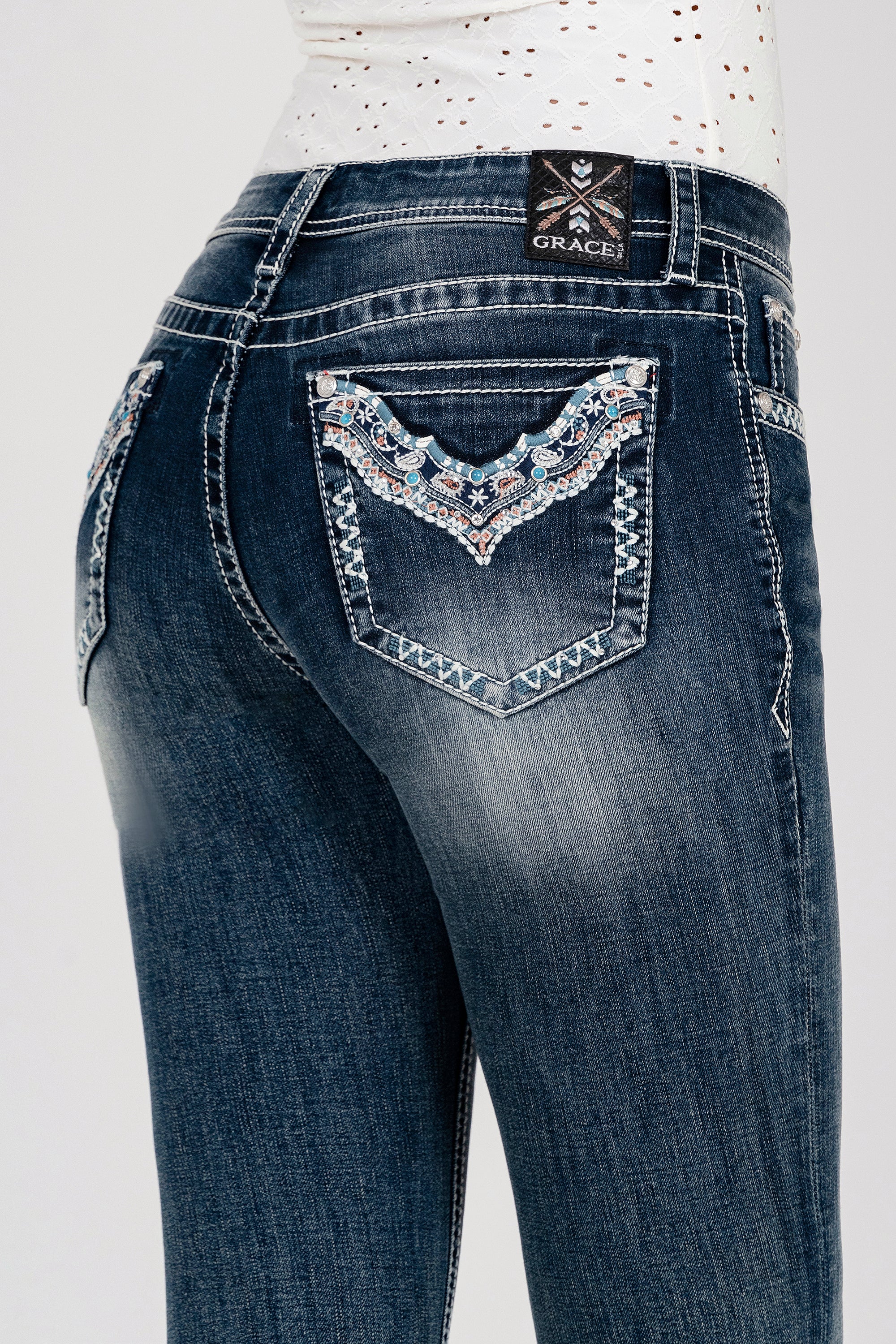 Necklace Embroidered Mid Rise  Bootcut Jeans