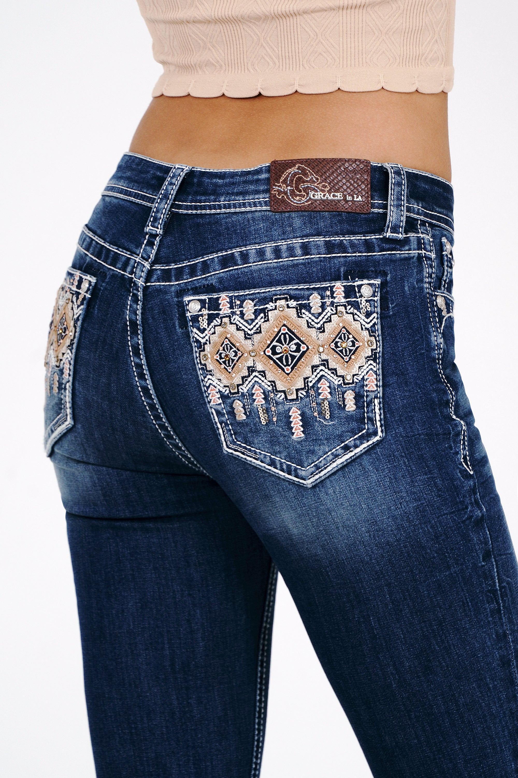 Aztec Leather Trim Mid Rise Embellished Women's Bootcut Jeans