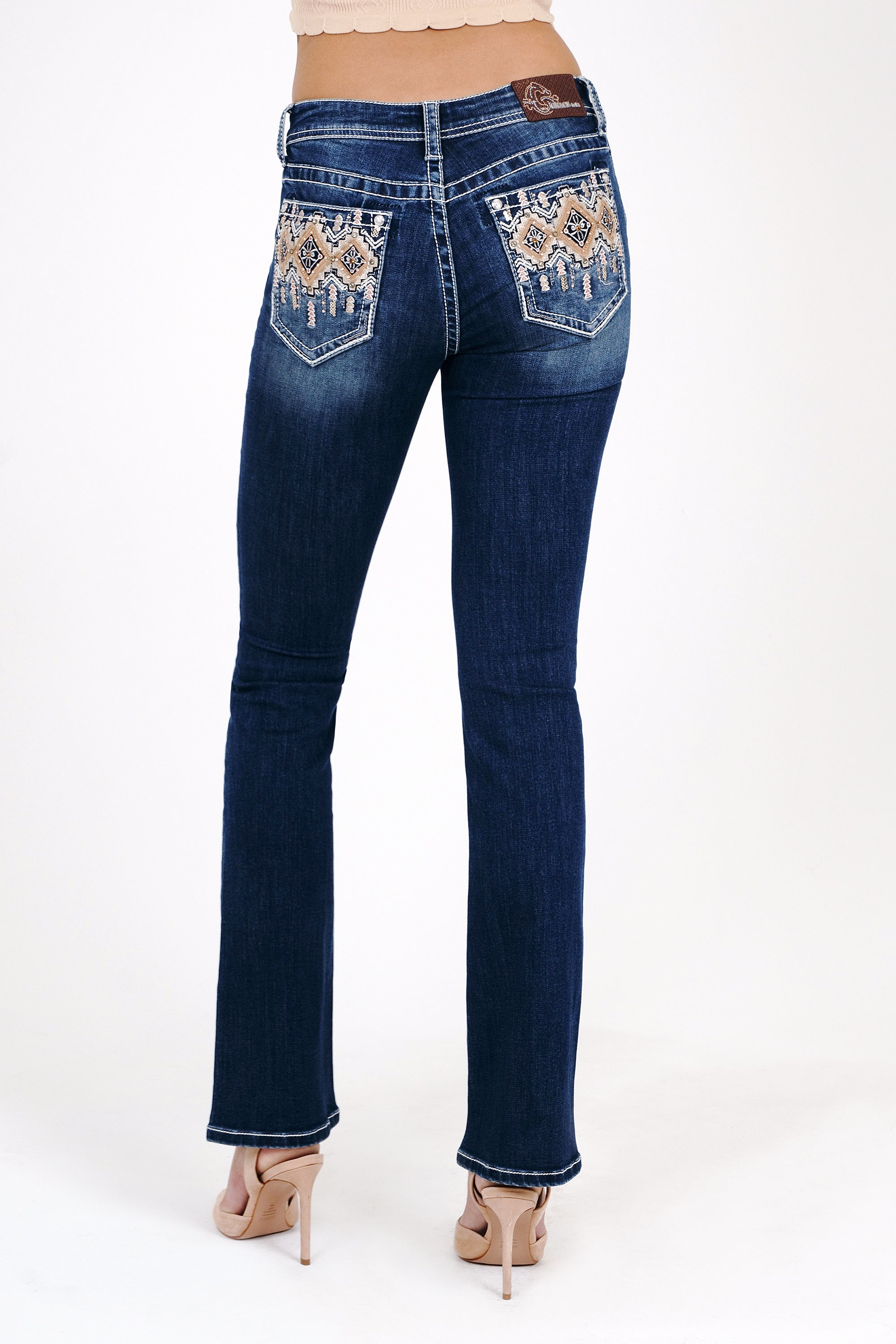 Aztec Leather Trim Mid Rise Embellished Women's Bootcut Jeans