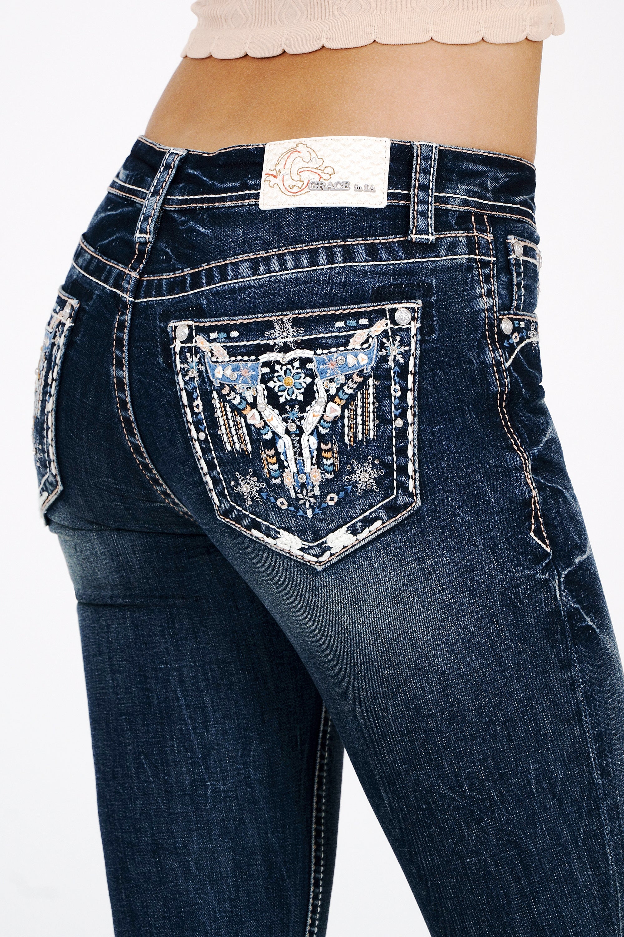 Aztec/Steer Head Embroidery Mid Rise  Bootcut Jeans