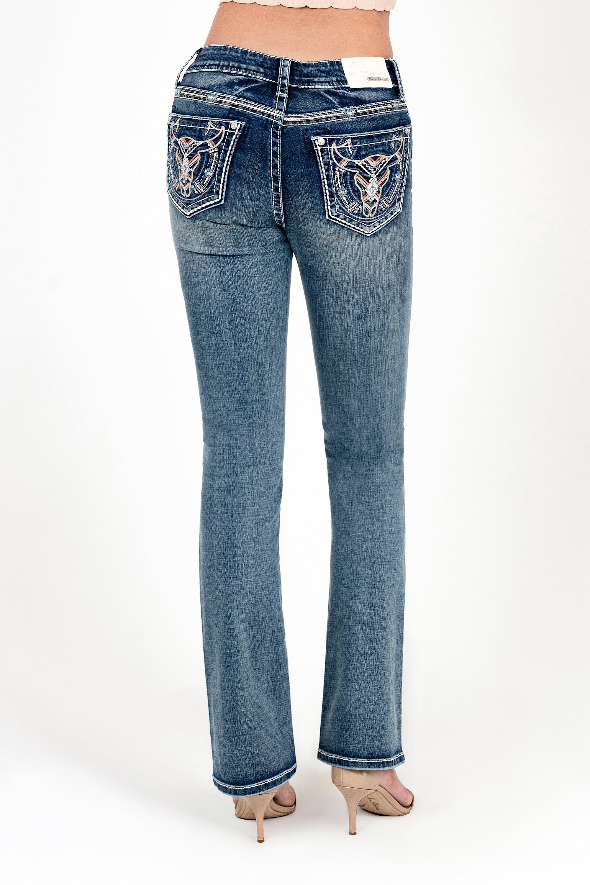 Steer Head Colorful Embroidery Mid Rise Embellished Women's Bootcut Jeans