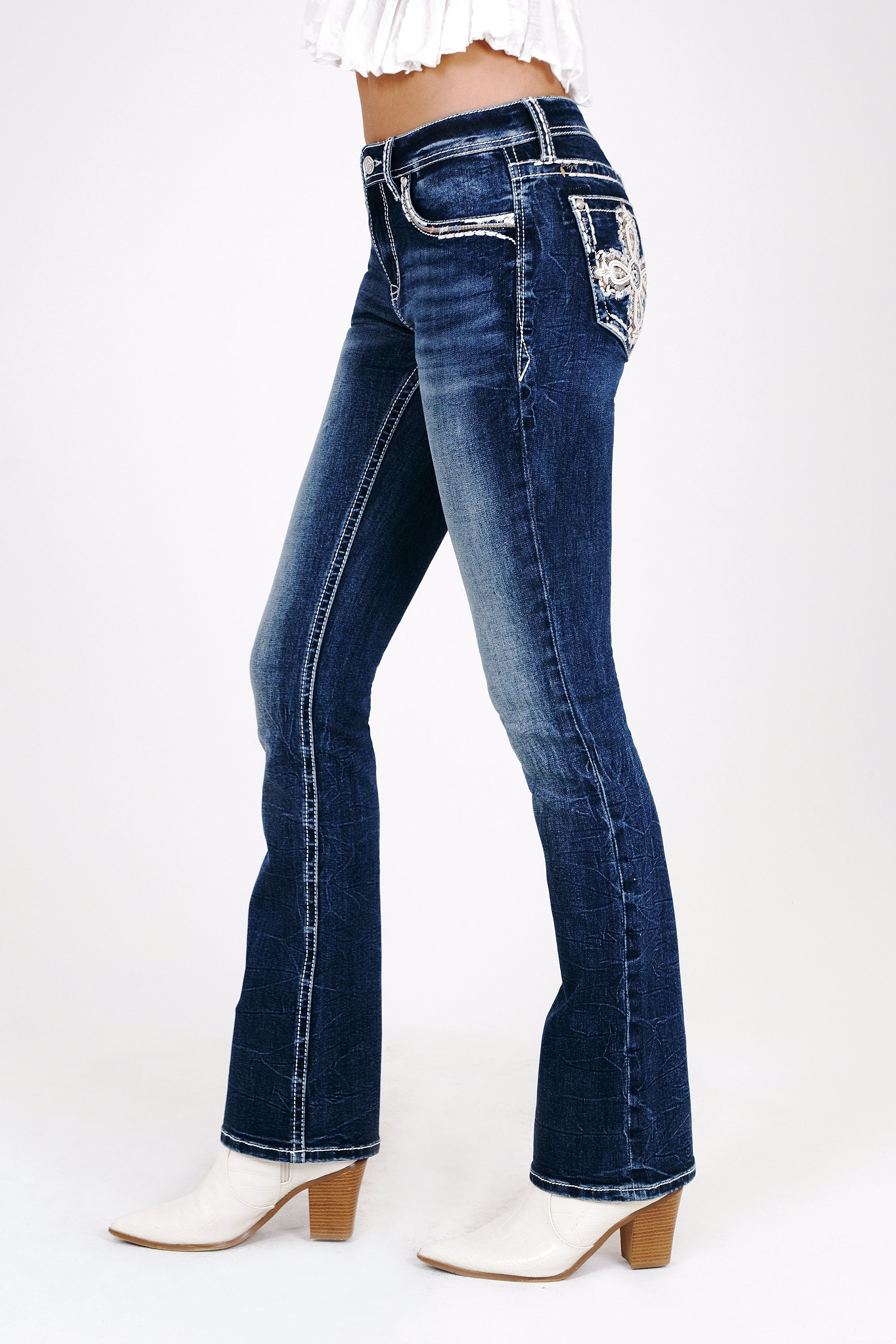 Cross Embroidery Mid Rise  Bootcut Jeans