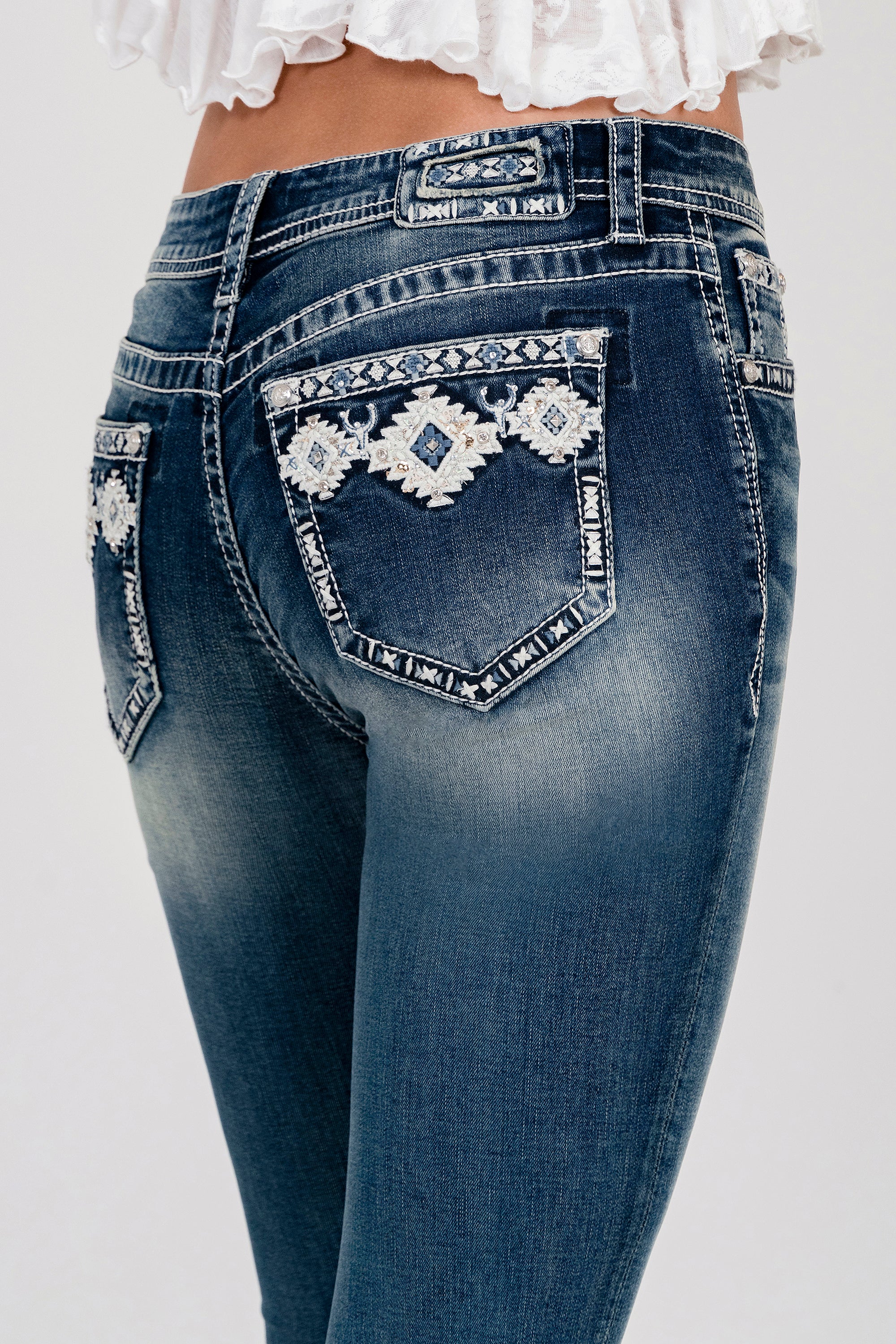 Aztec Embroidered Faux Flap Mid Rise  Bootcut Jeans