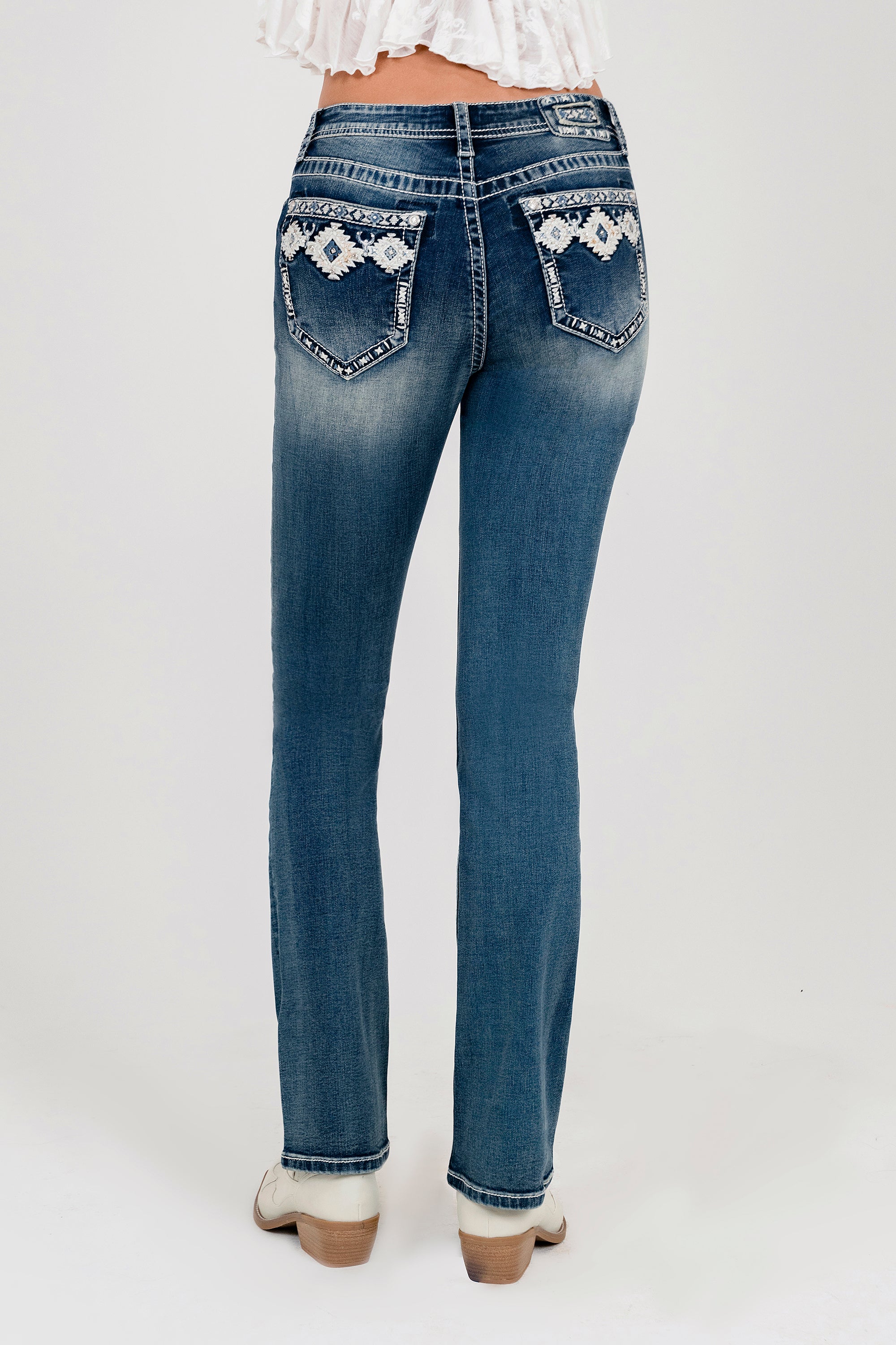 Aztec Embroidered Faux Flap Mid Rise  Bootcut Jeans