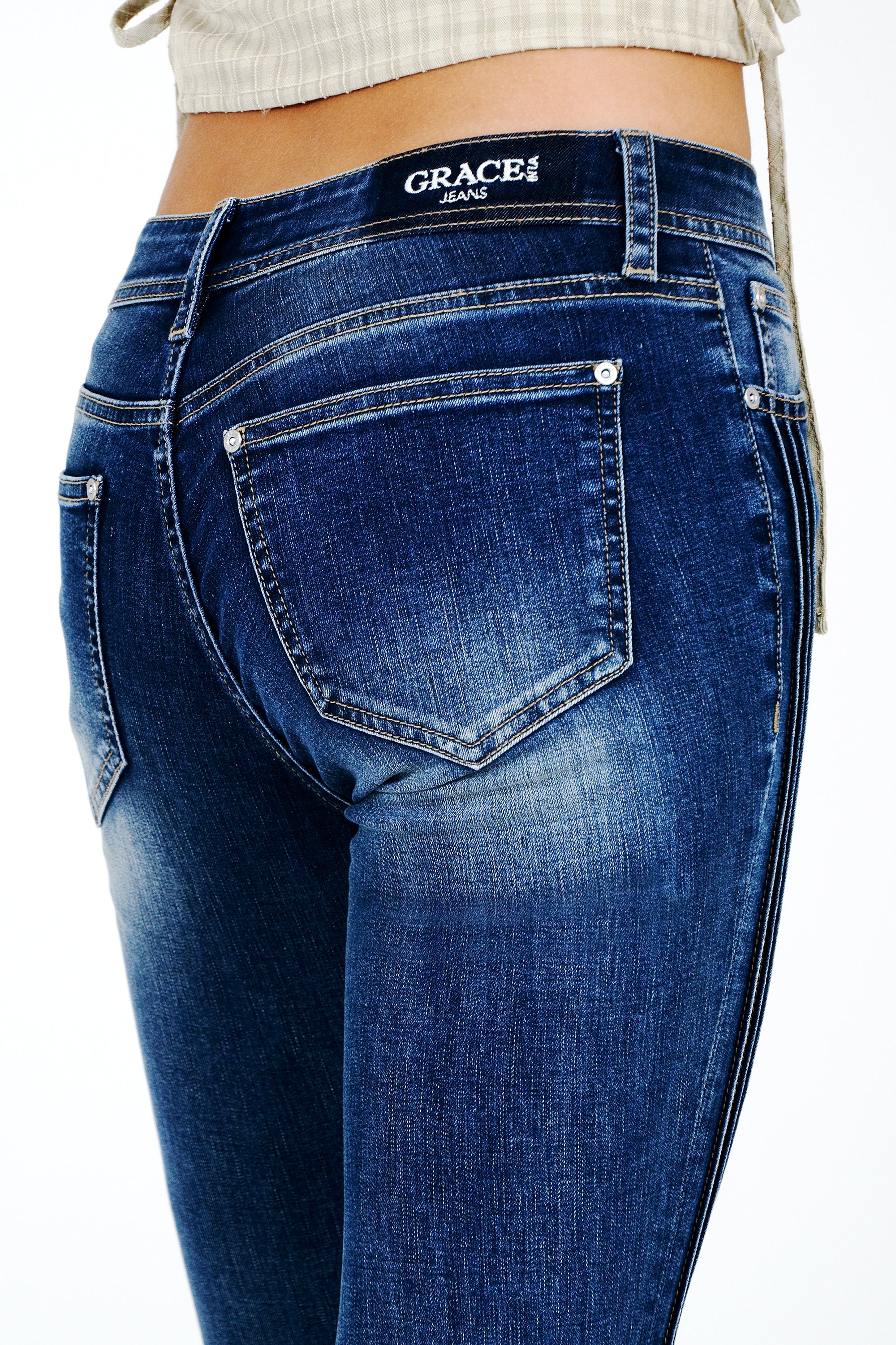 Side Trims /Hem Detail Basic Med Blue Mid Rise  Bootcut Jeans