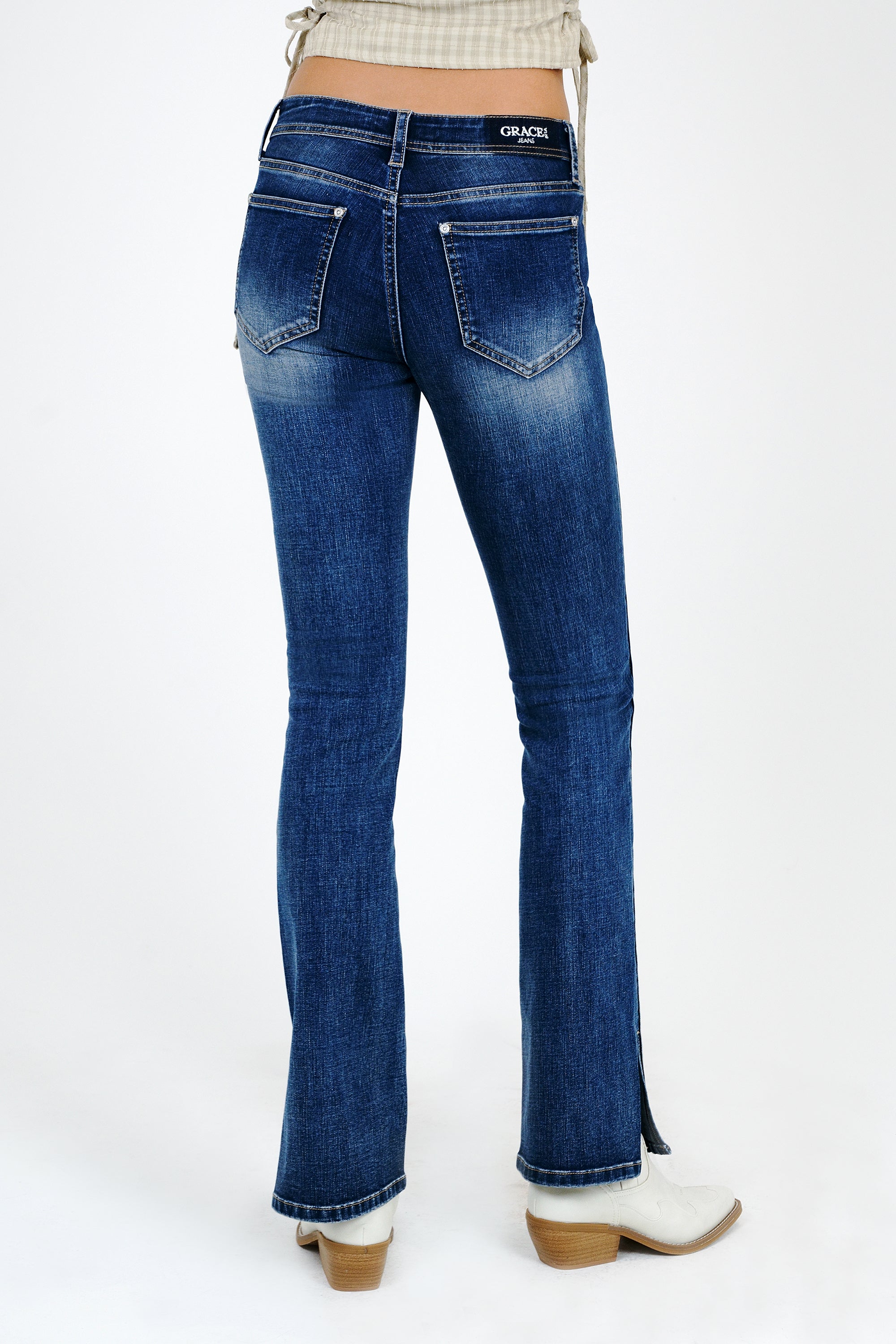 Side Trims /Hem Detail Basic Med Blue Mid Rise  Bootcut Jeans