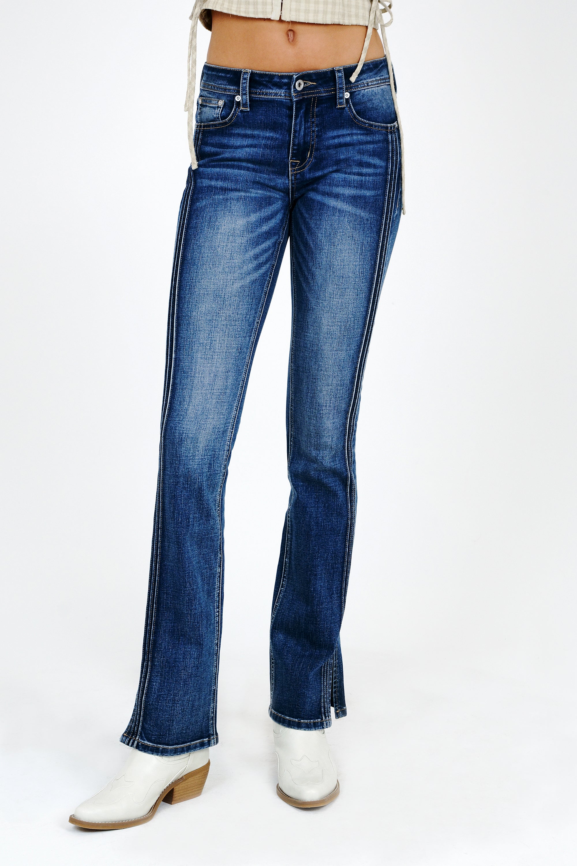 Side Trims /Hem Detail Basic Med Blue Mid Rise  Bootcut Jeans