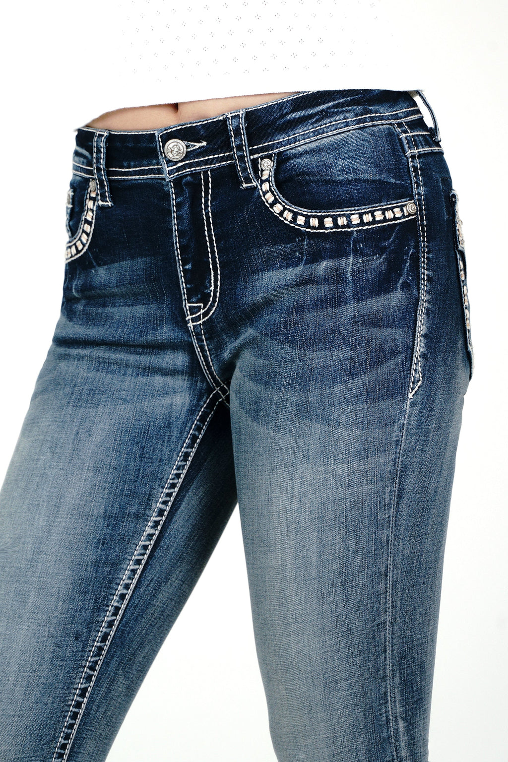 Faux Flap Embellished Mid Rise Bootcut Jeans Grace in LA - Denim