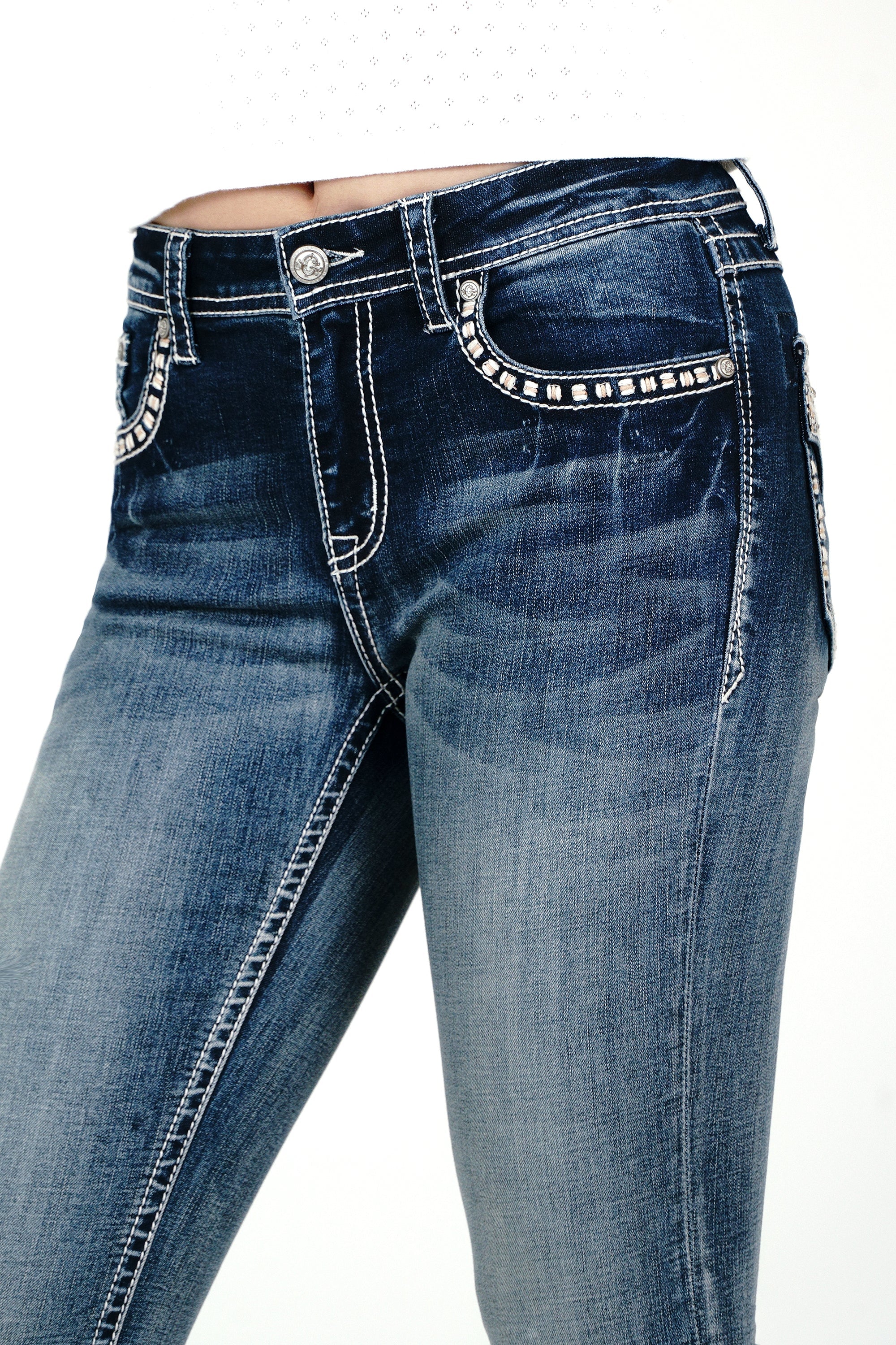 Faux Flap Embellished Mid Rise Bootcut Jeans Grace in LA - Denim