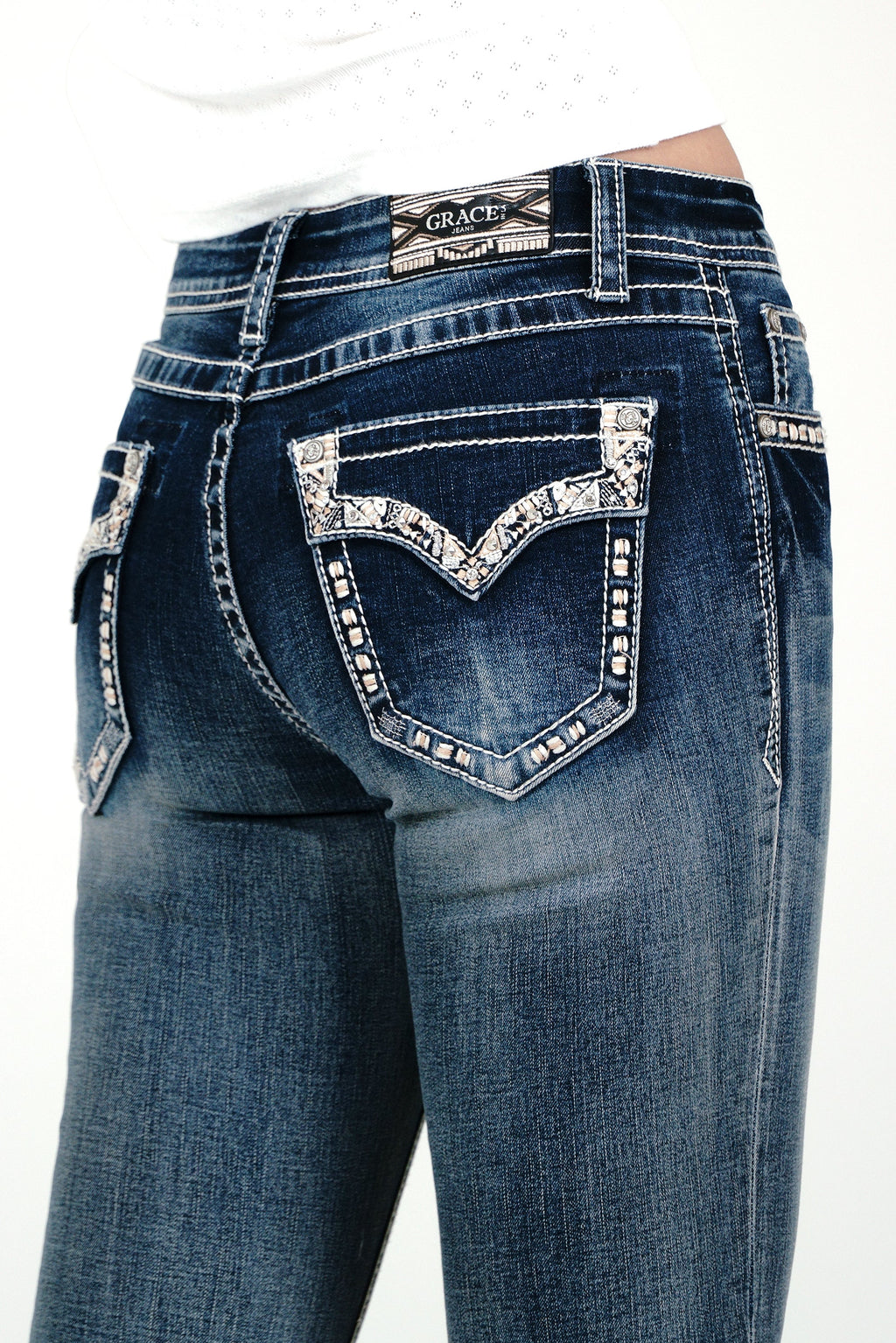 Faux Flap Embellished Mid Rise Bootcut Jeans Grace in LA - Denim