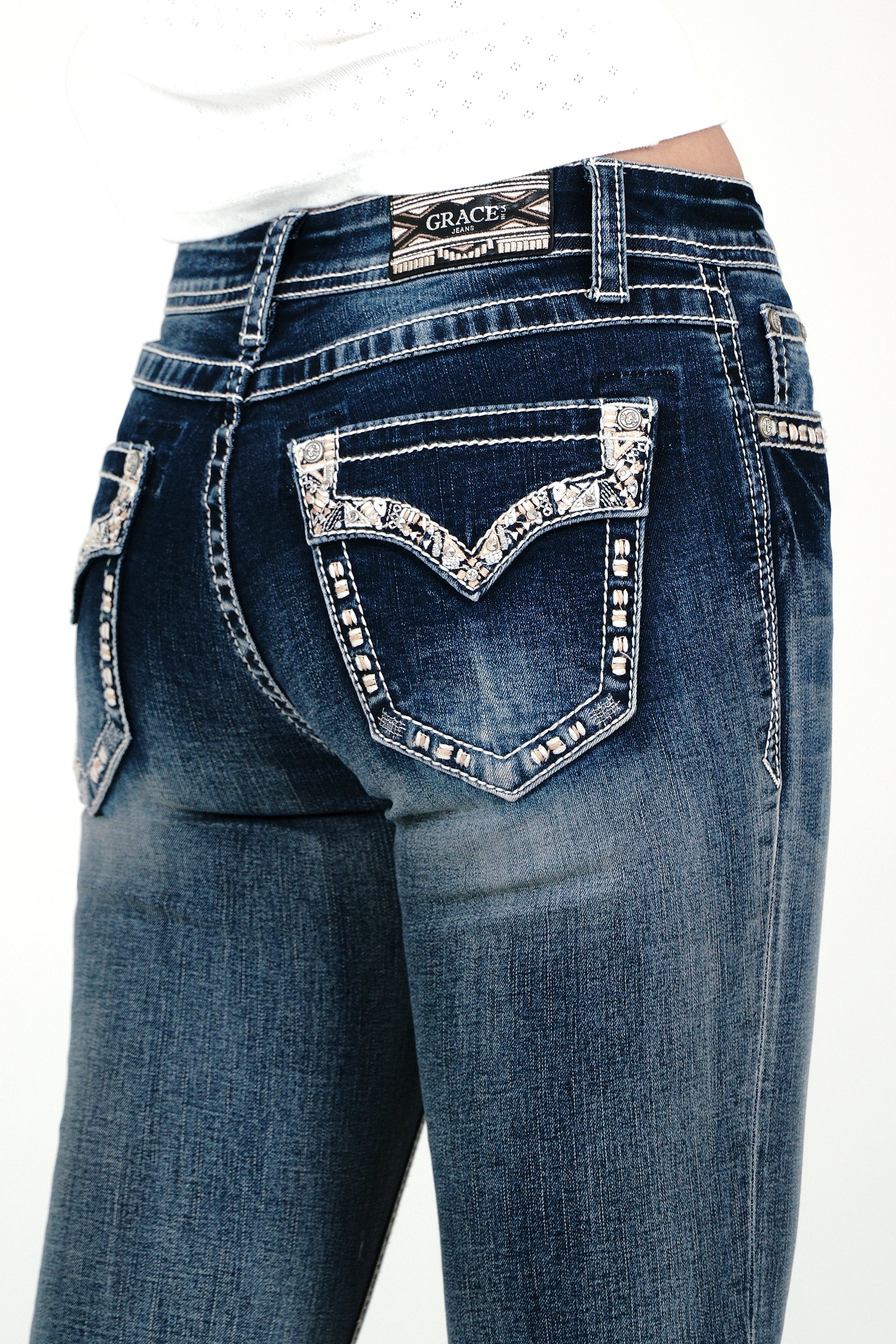 Faux Flap Embellished Mid Rise Bootcut Jeans Grace in LA - Denim