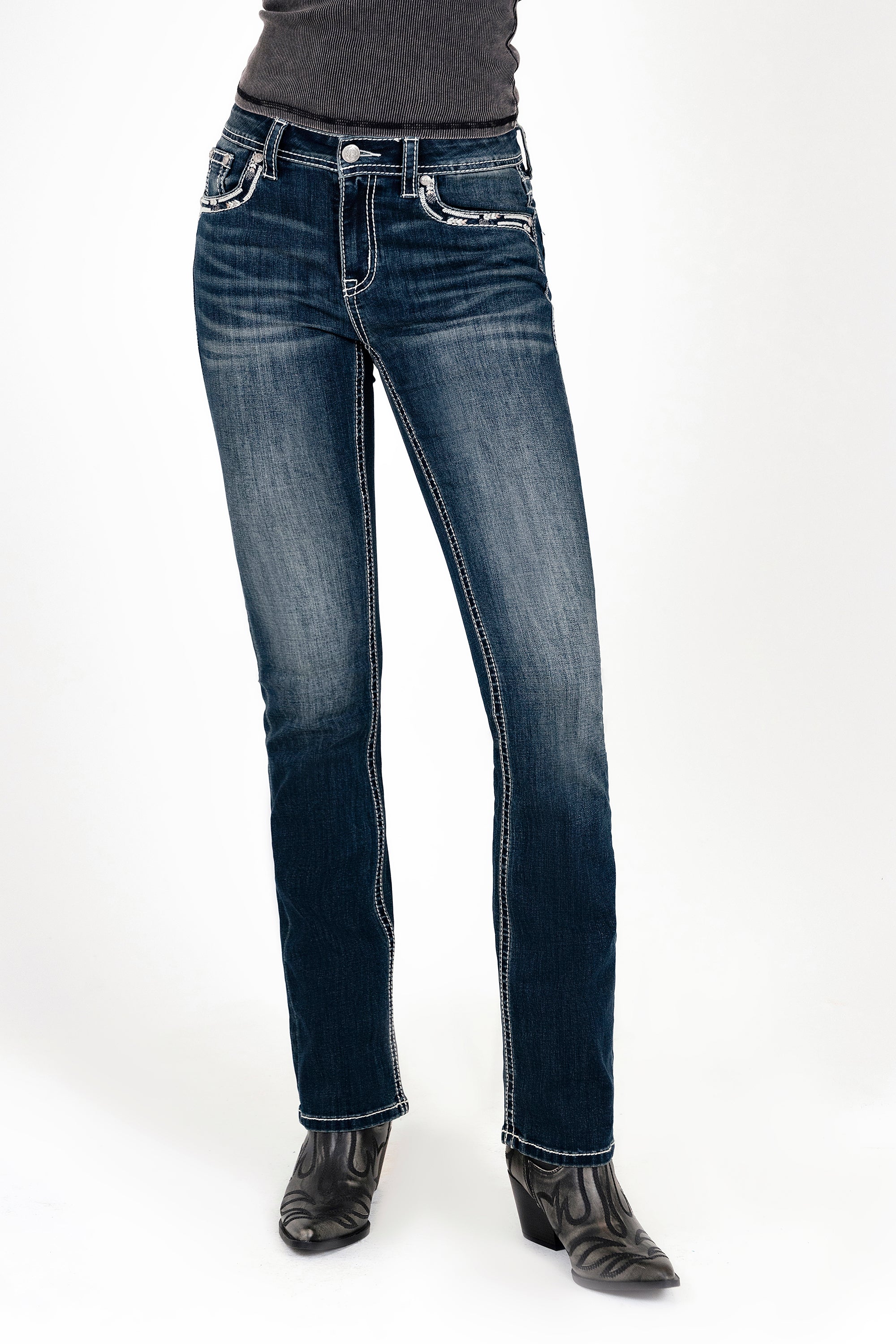 Cross Embroidery Mid Rise  Bootcut Jeans