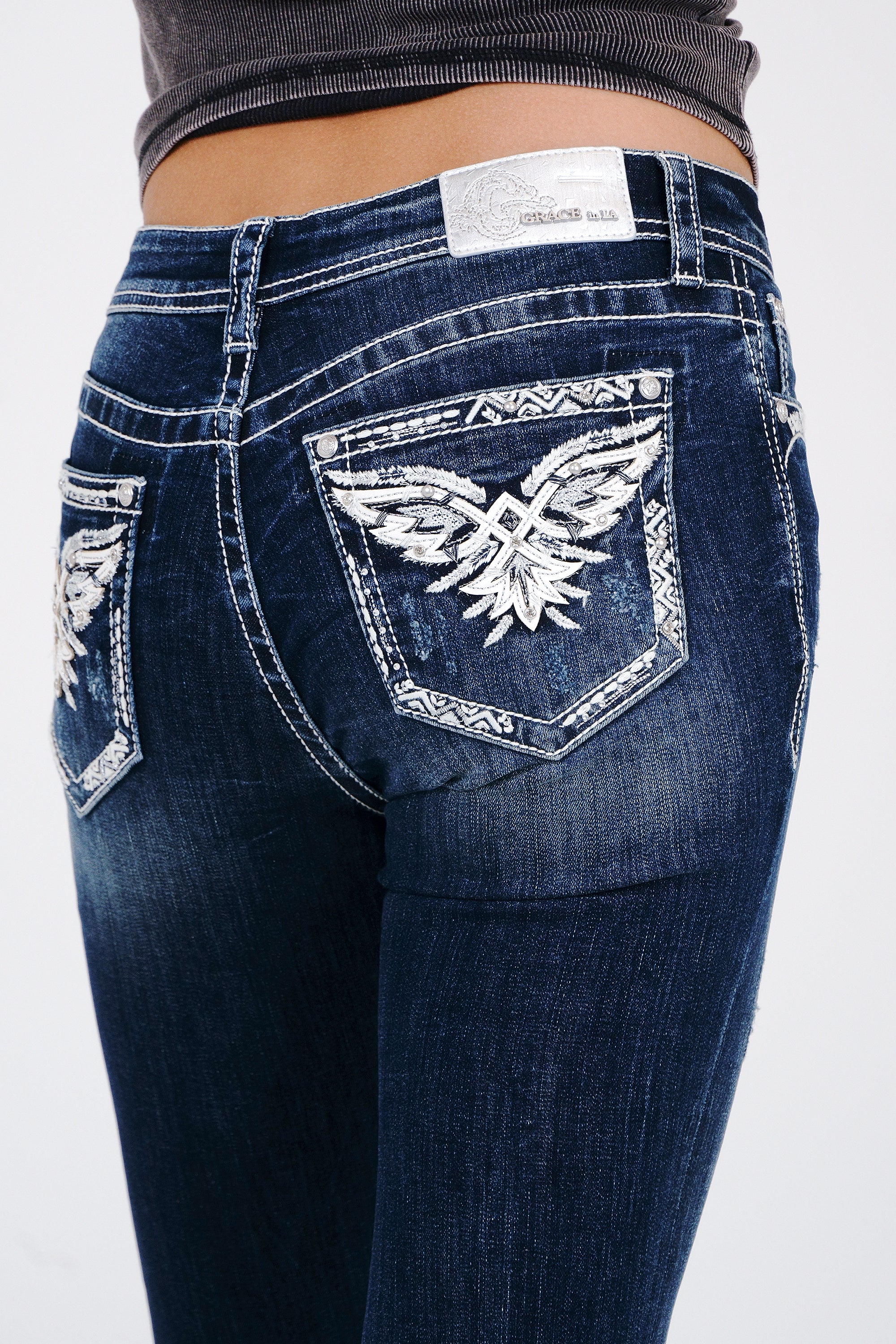 Wing Embroidery Mid Rise  Bootcut Jeans