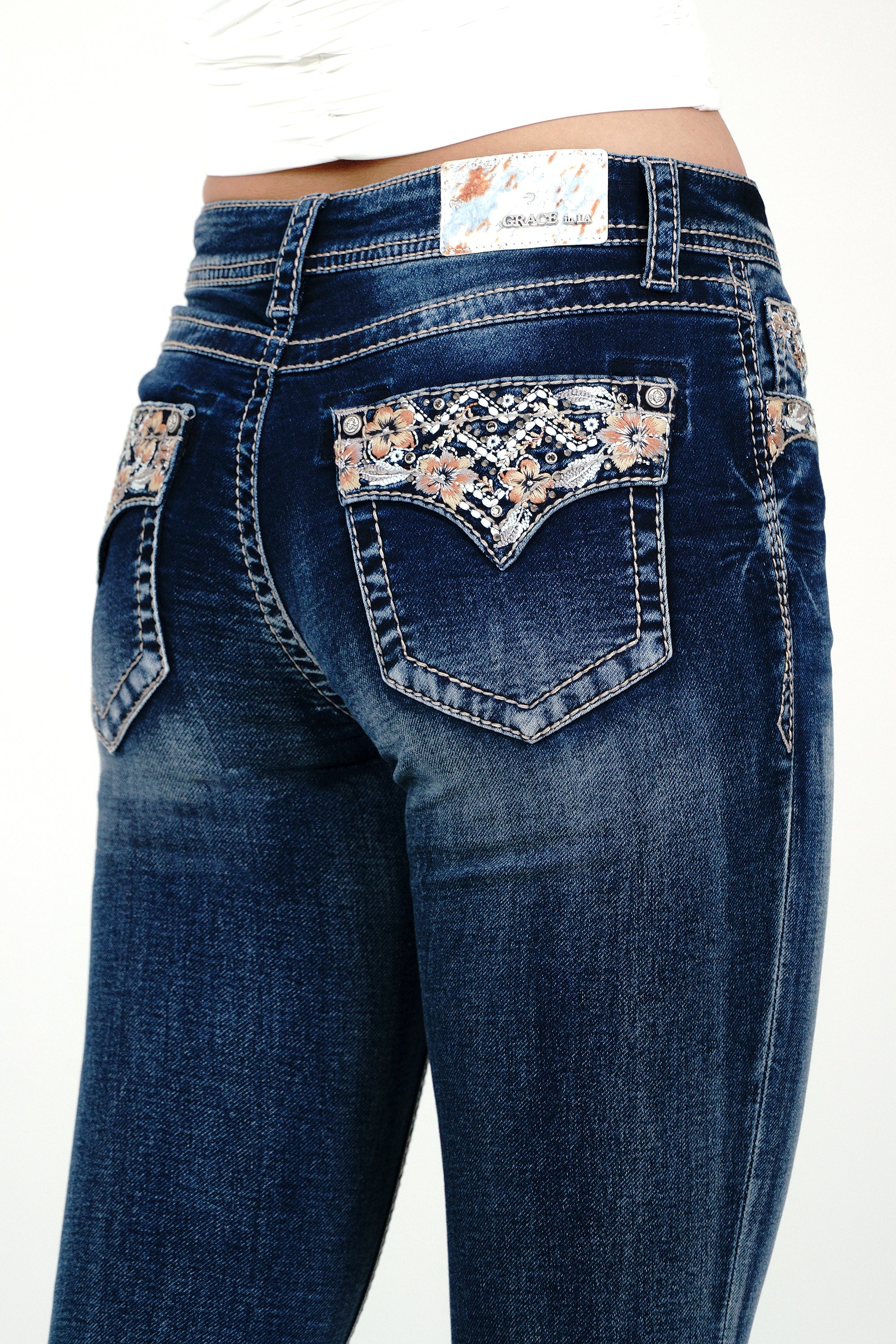 Floral Embroidery Faux Flap Soft Denim Mid Rise  Bootcut Jeans