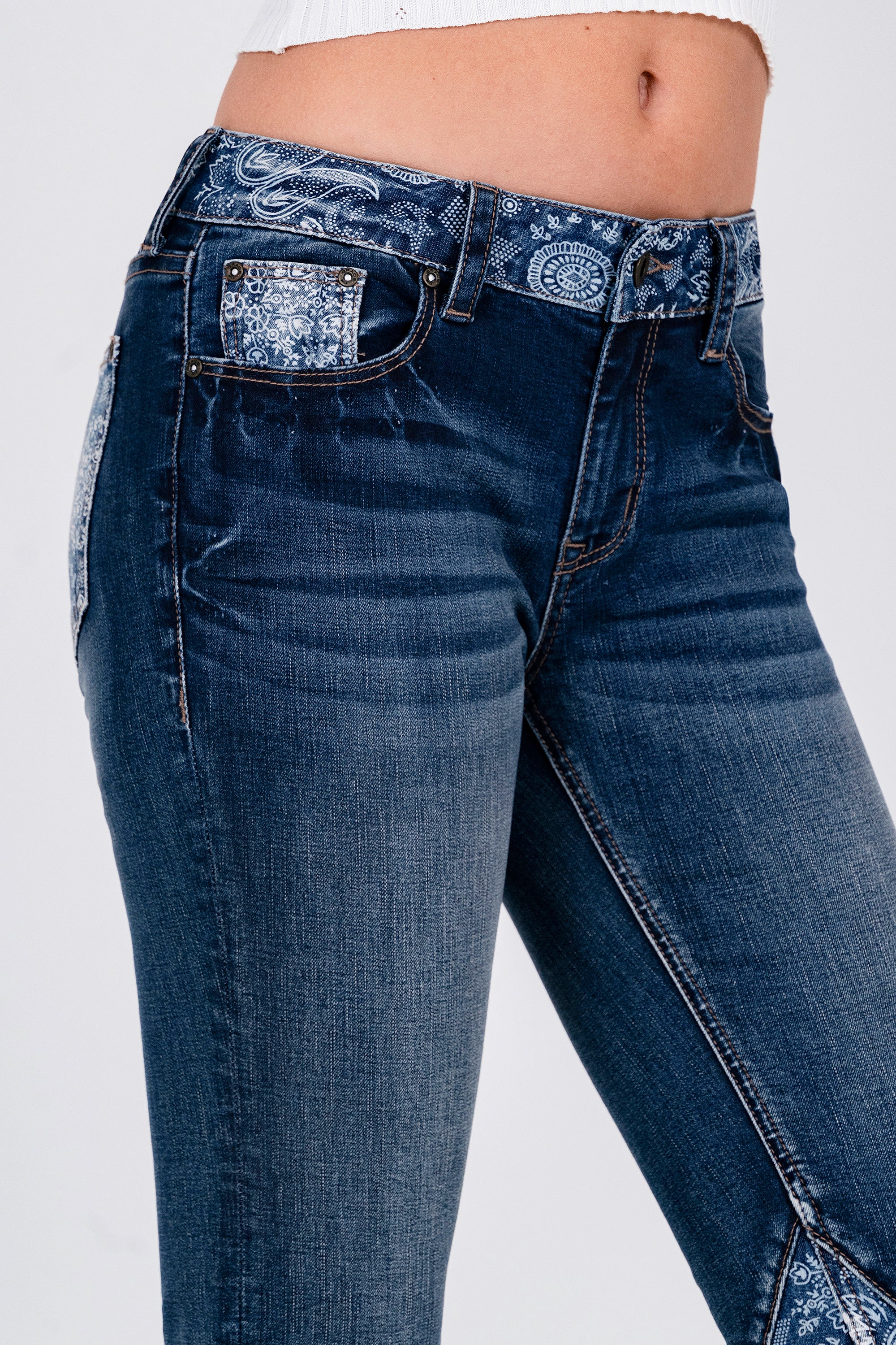 Paisley Trims Patch Work Mid-Rise Flare Jeans