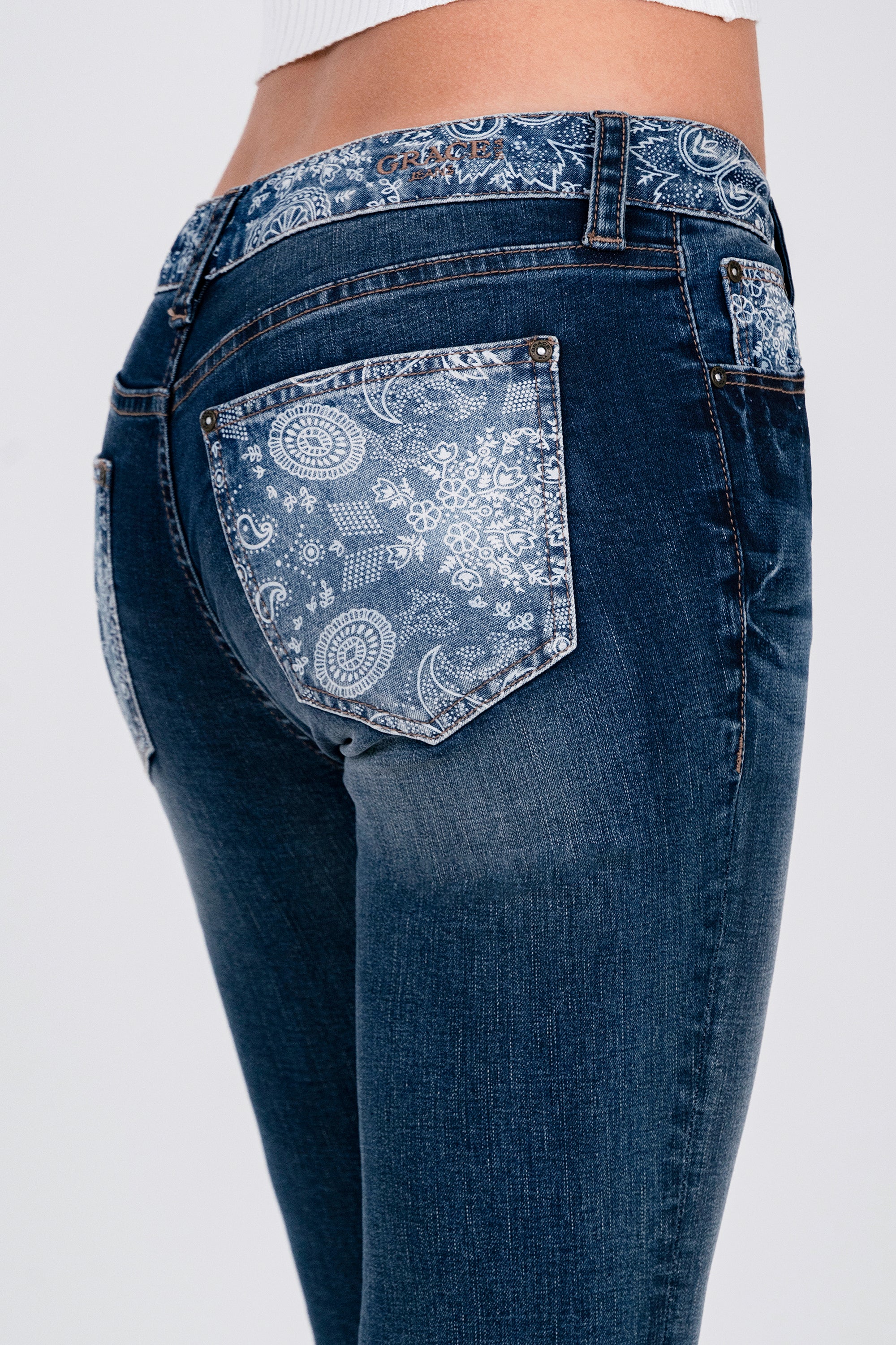 Paisley Trims Patch Work Mid-Rise Flare Jeans