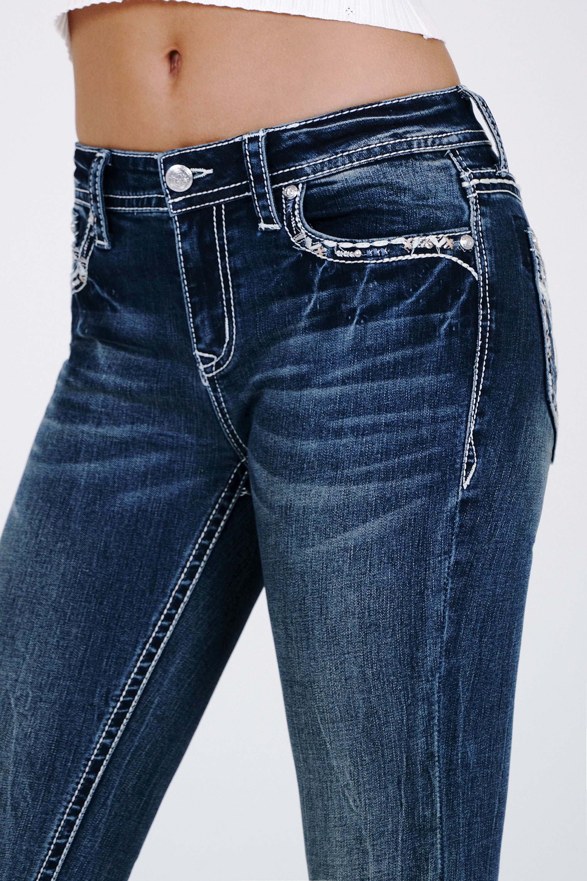 "X" Stitches Embroidery Mid Rise  Bootcut Jeans