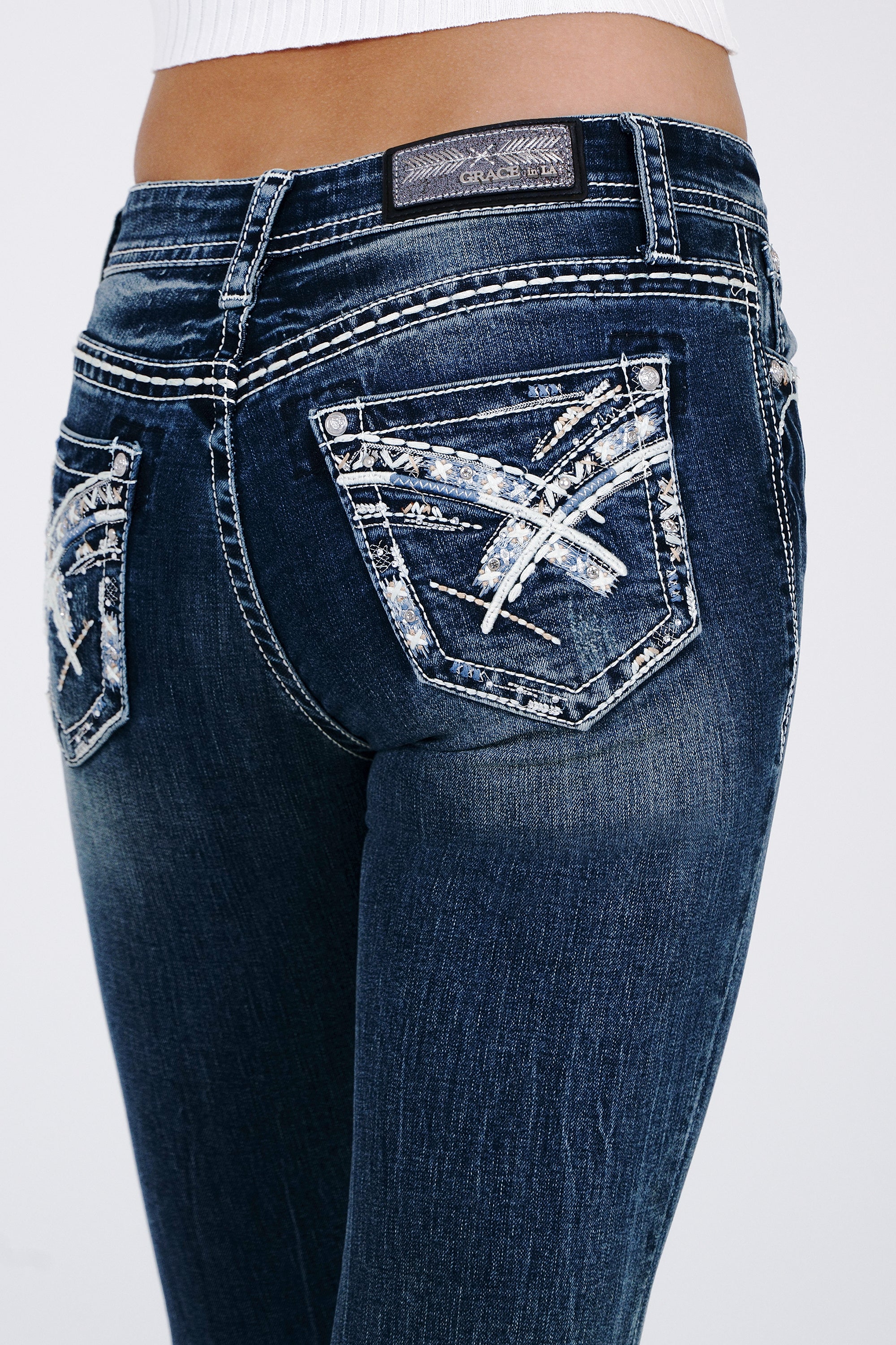 "X" Stitches Embroidery Mid Rise  Bootcut Jeans