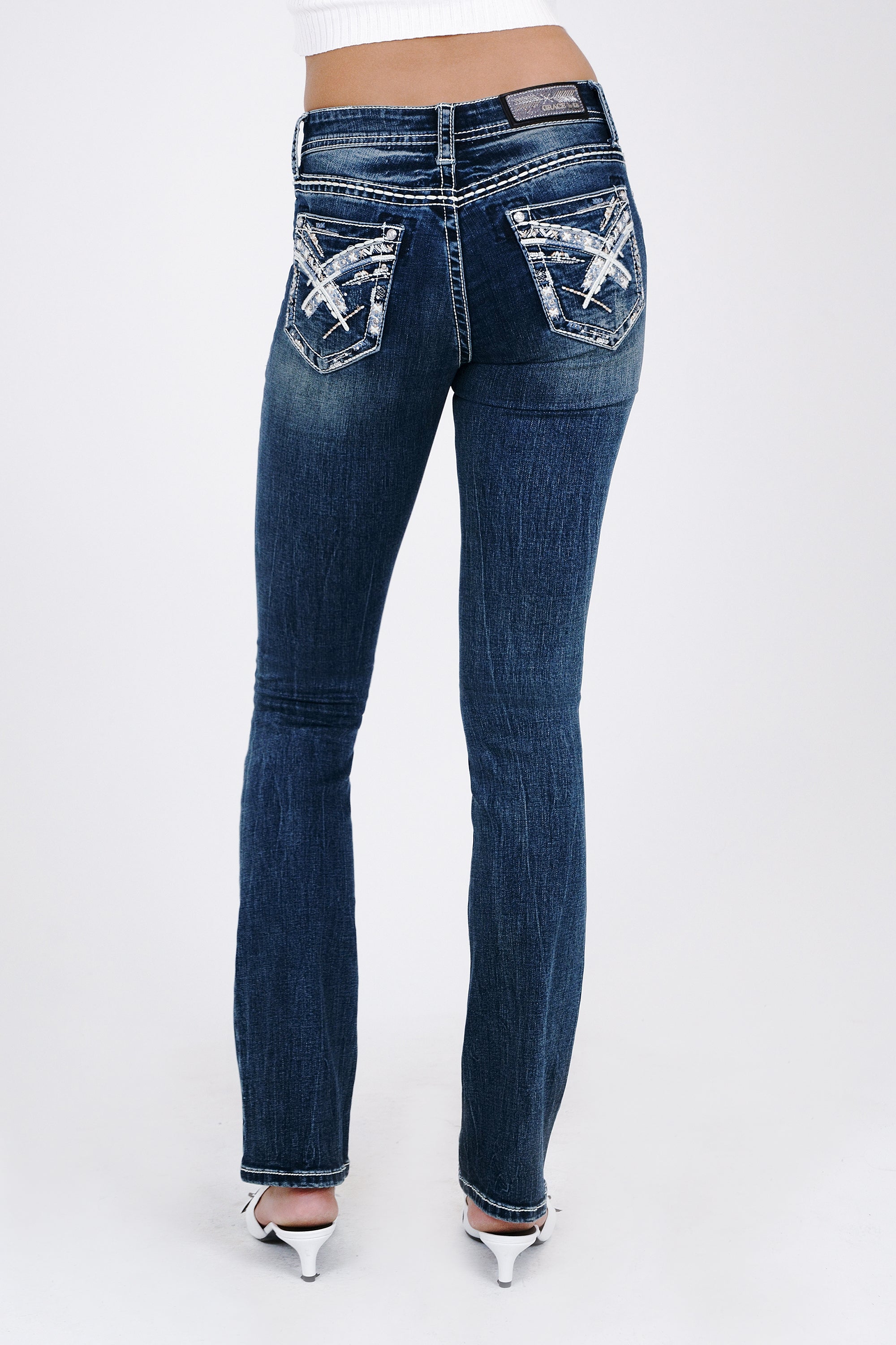 "X" Stitches Embroidery Mid Rise  Bootcut Jeans