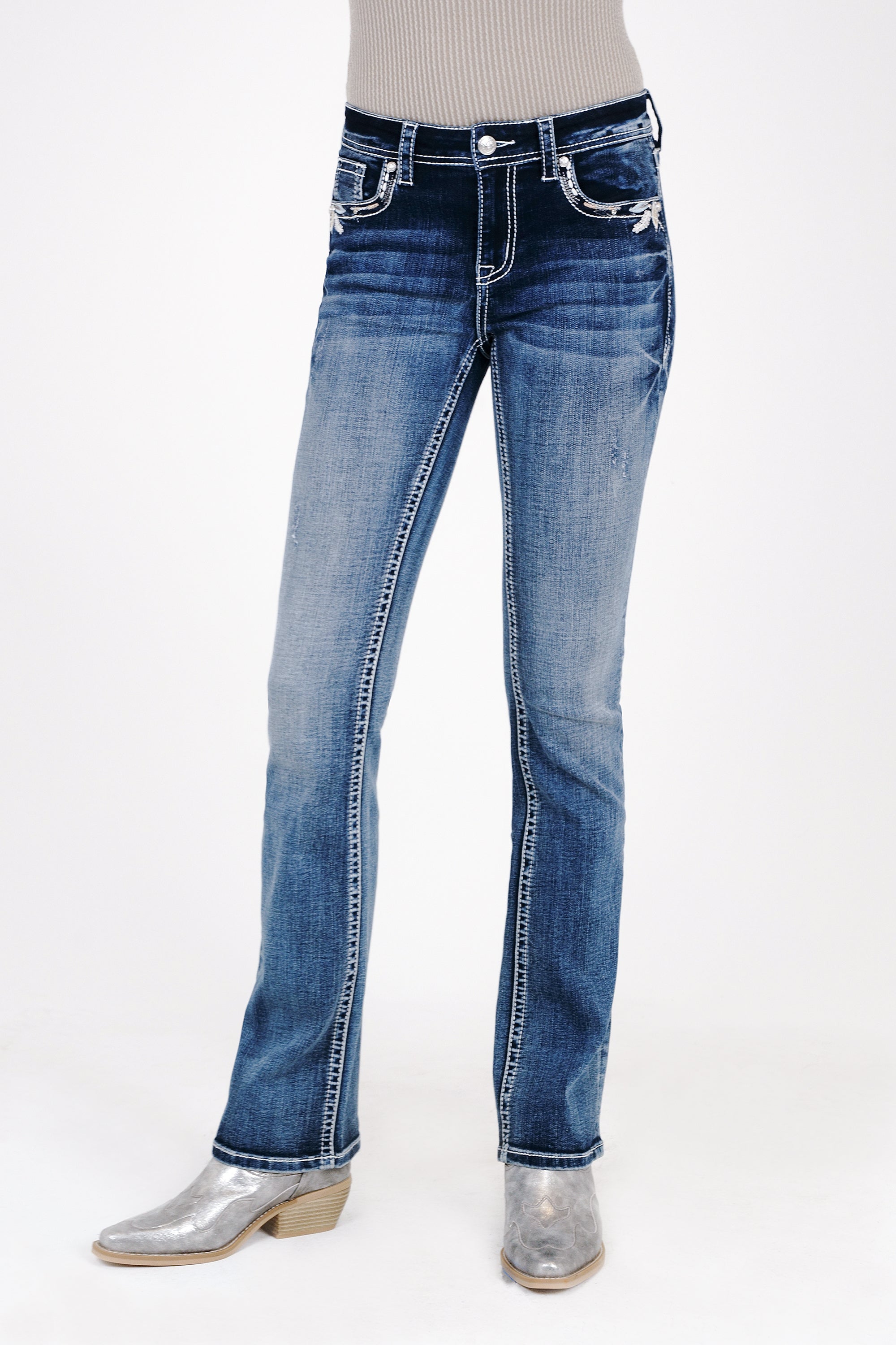 Western Modify Embroidery Mid Rise  Bootcut Jeans