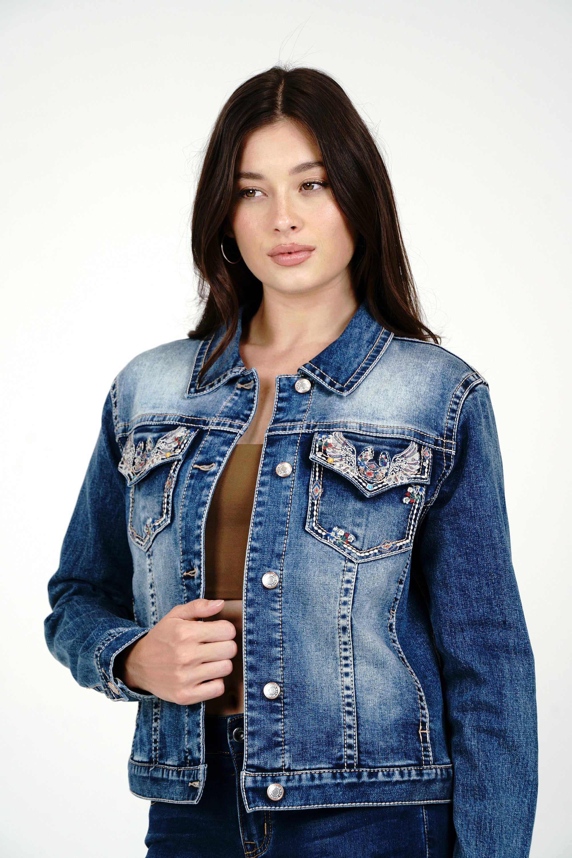 Wing / Horse Shoe Embroidery Med Blue Denim Jacket