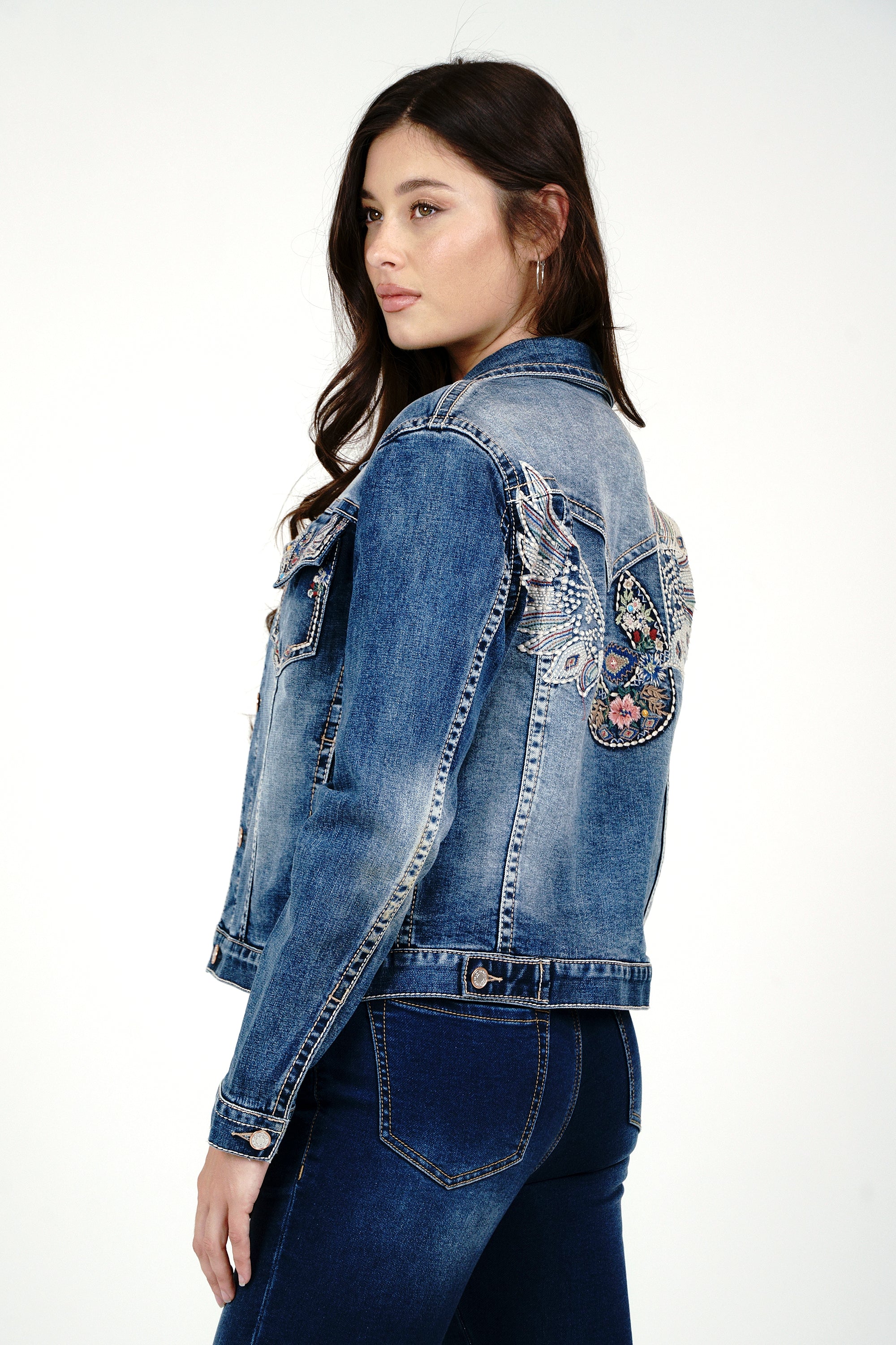 Wing / Horse Shoe Embroidery Med Blue Denim Jacket