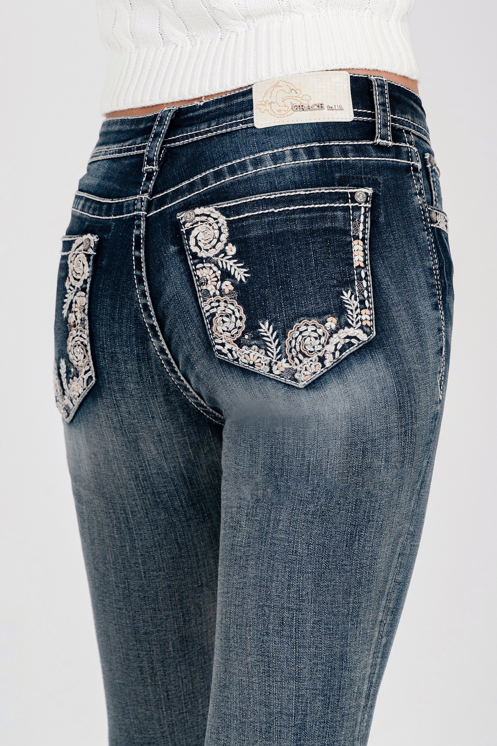 Floral Embroiderye Mid Rise Skinny Jeans