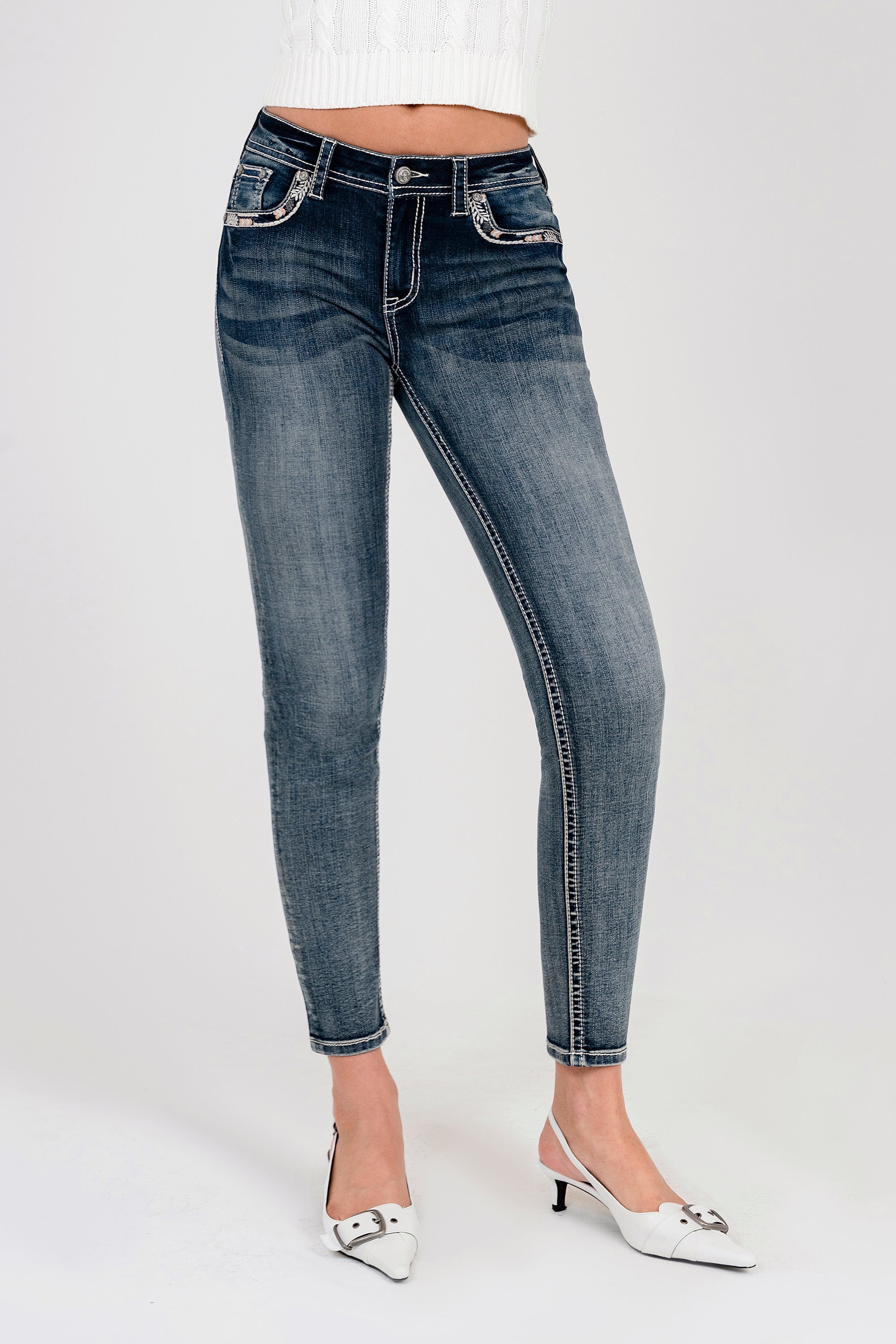 Floral Embroiderye Mid Rise Skinny Jeans