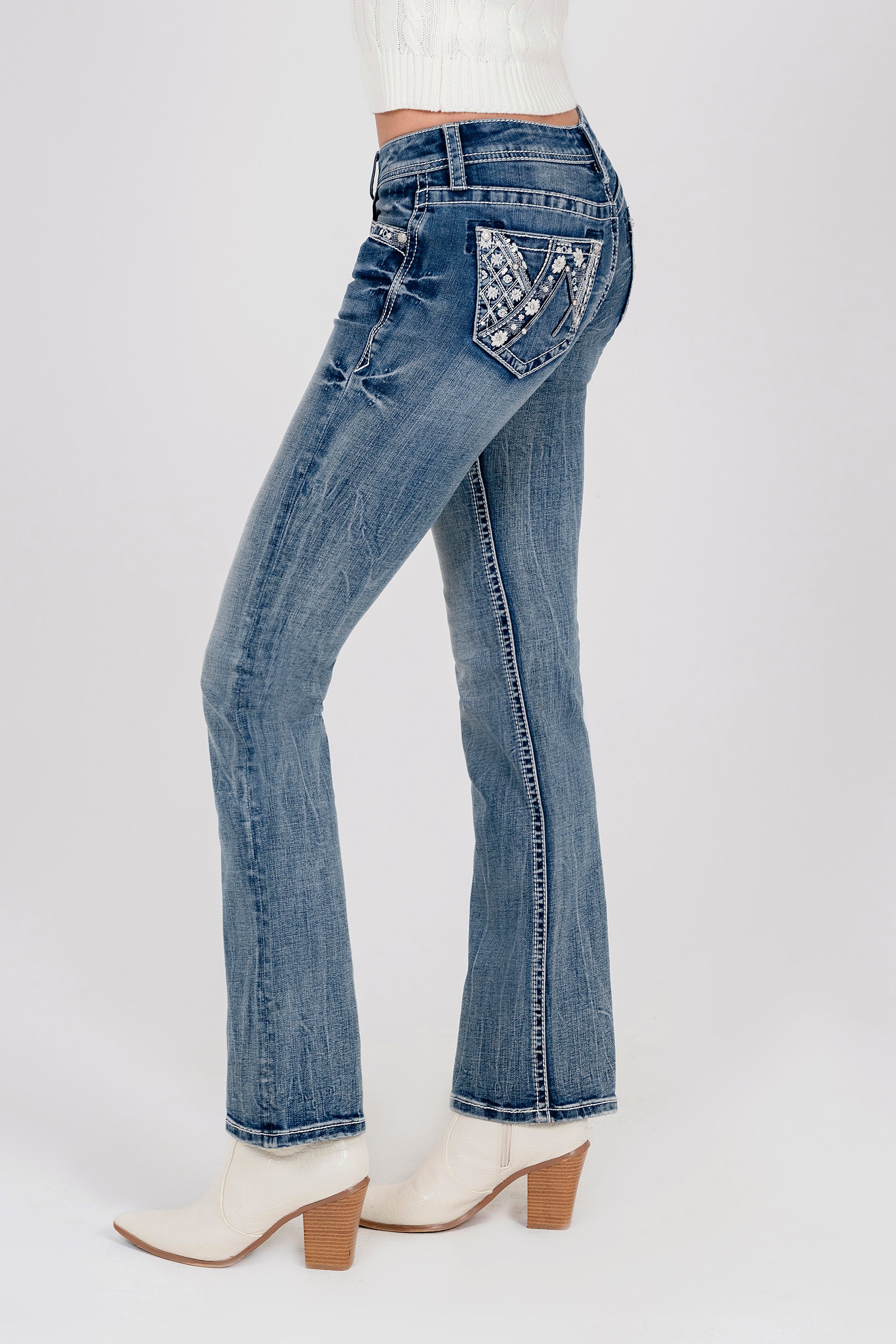 Western Embroidery Faux Flap Mid Rise  Bootcut Jeans