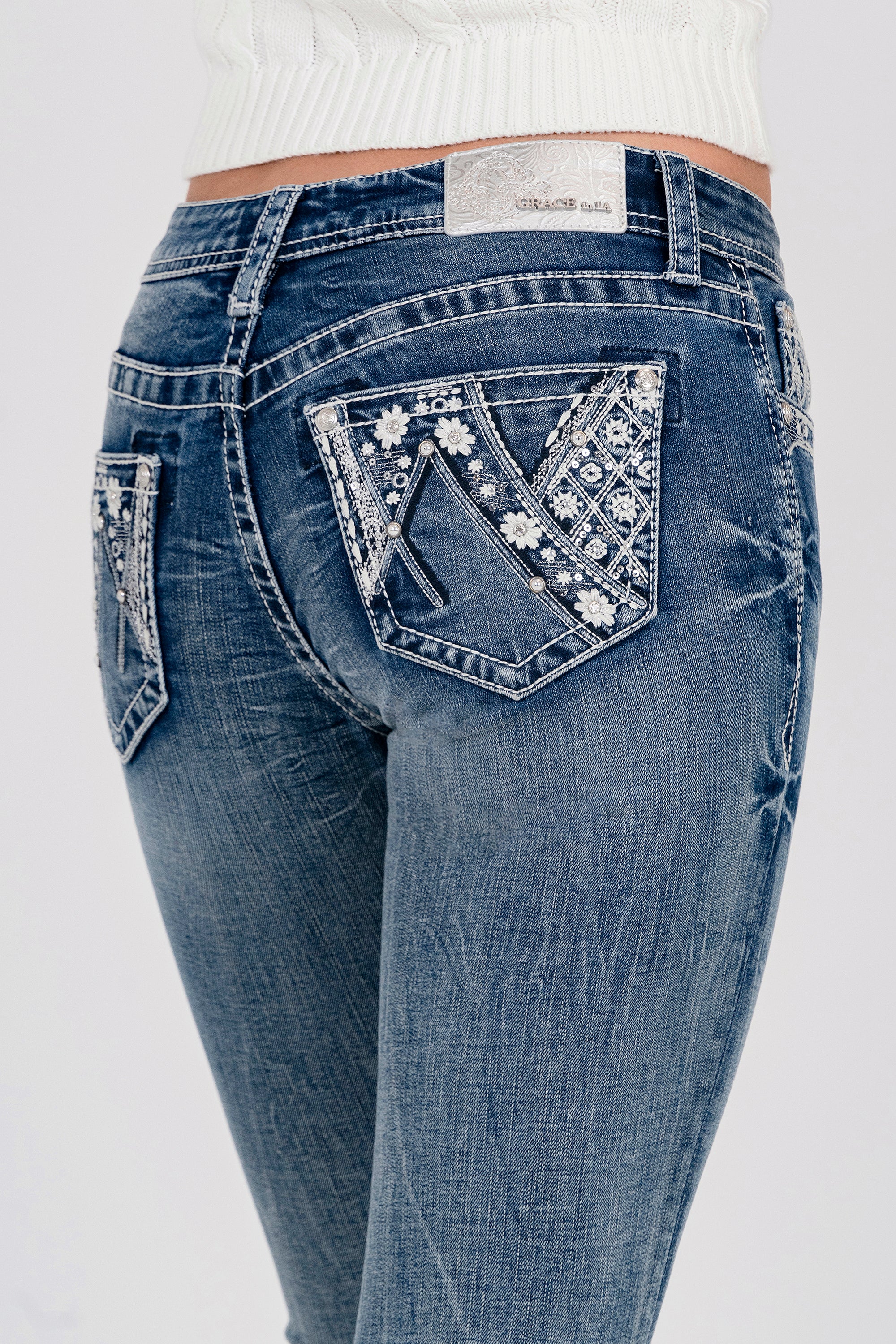 Western Embroidery Faux Flap Mid Rise  Bootcut Jeans