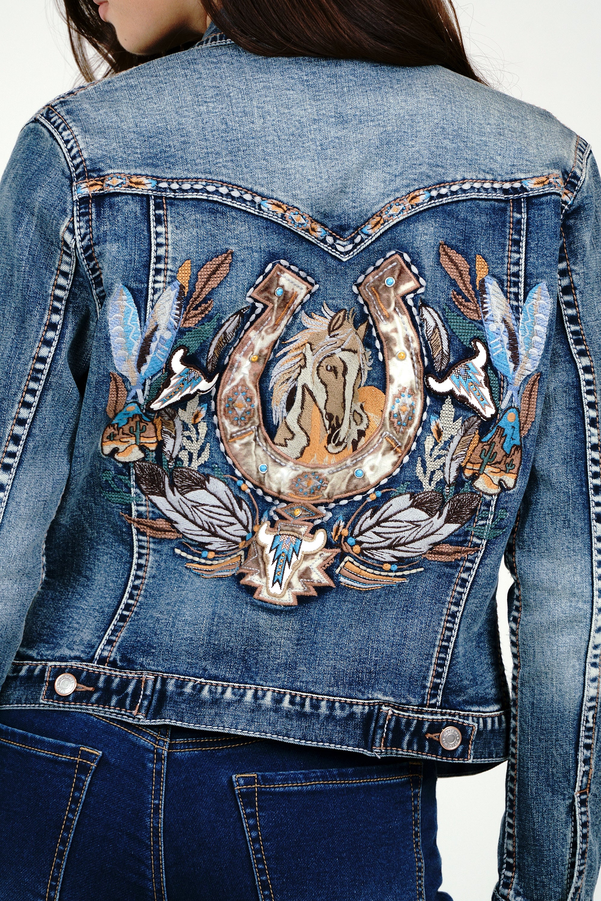 Horse Shoe/ Cowhide Trim Med Blue Denim Jacket