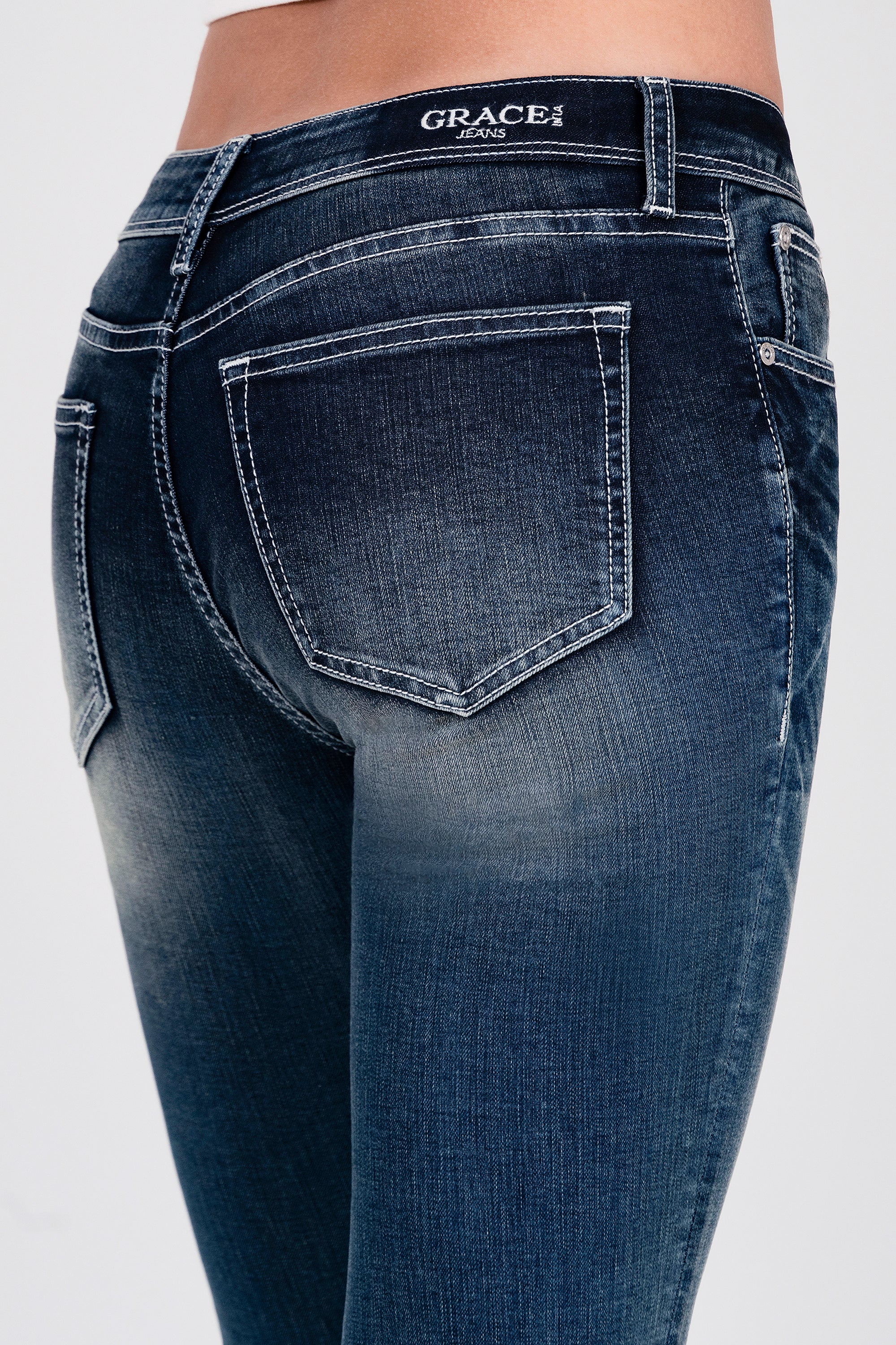 The Trim Detail Bottom Med Blue Mid Rise Straight Leg Jeans